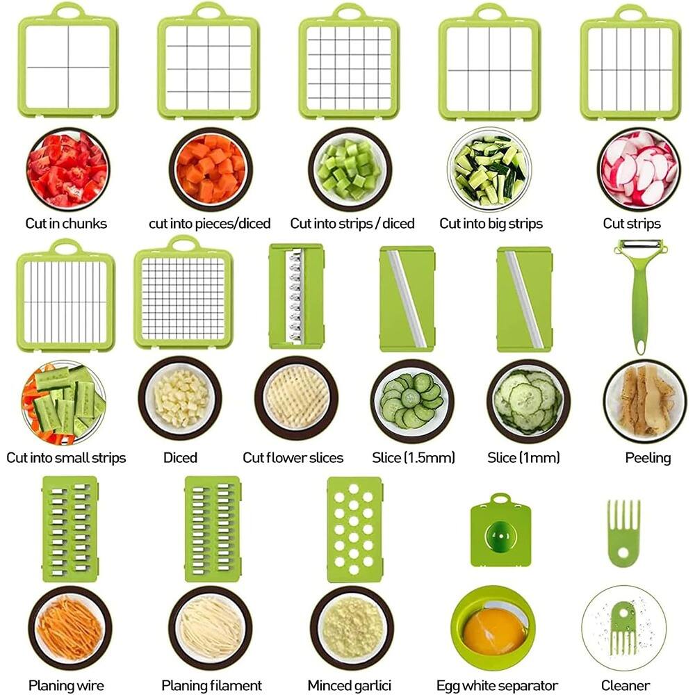 - Cut in chunks
- Cut into pieces/diced
- Cut into strips/diced
- Cut into big strips
- Cut strips
- Cut into small strips
- Diced
- Cut flower slices
- Slice (1.5mm)
- Slice (1mm)
- Peeling
- Planing wire
- Planing filament
- Minced garlic
- Egg white separator
- Cleaner