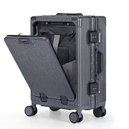 Oumilen - 20 Inch Front Opening Aluminum Frame Carry On Luggage – ABS+PC Hard Shell with TSA Lock, USB Port, Cup Holder - Dark Gray