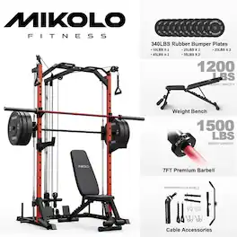 Mikolo - Compact 7-IN-1 Smith Machine With Cable Crossover System, 1000LBS Multi-Functional Squat Rack, Workout Station - Red
