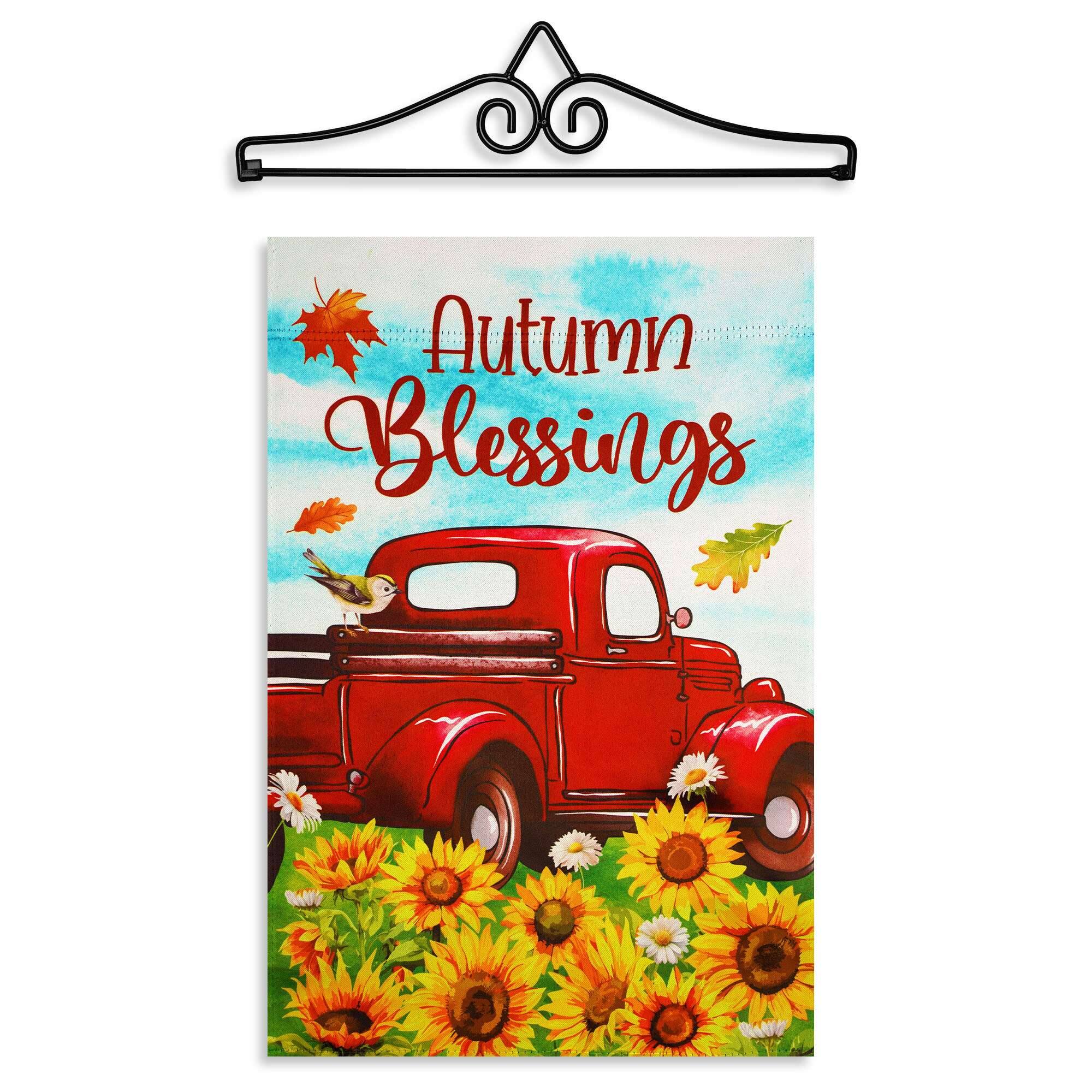 G128 12x18IN Autumn Blessings Truck Sunflower Garden Flag with 14IN ...