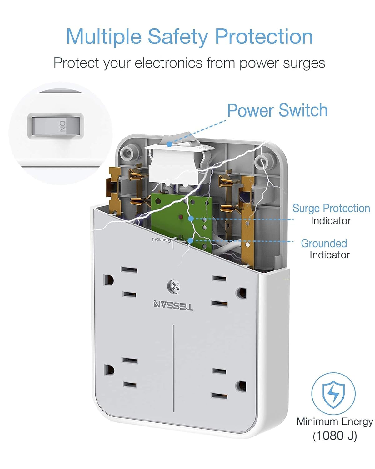 Multiple Safety Protection  
Protect your electronics from power surges  

- Power Switch  
- Surge Protection Indicator  
- Grounded Indicator  

Minimum Energy (1080 J)