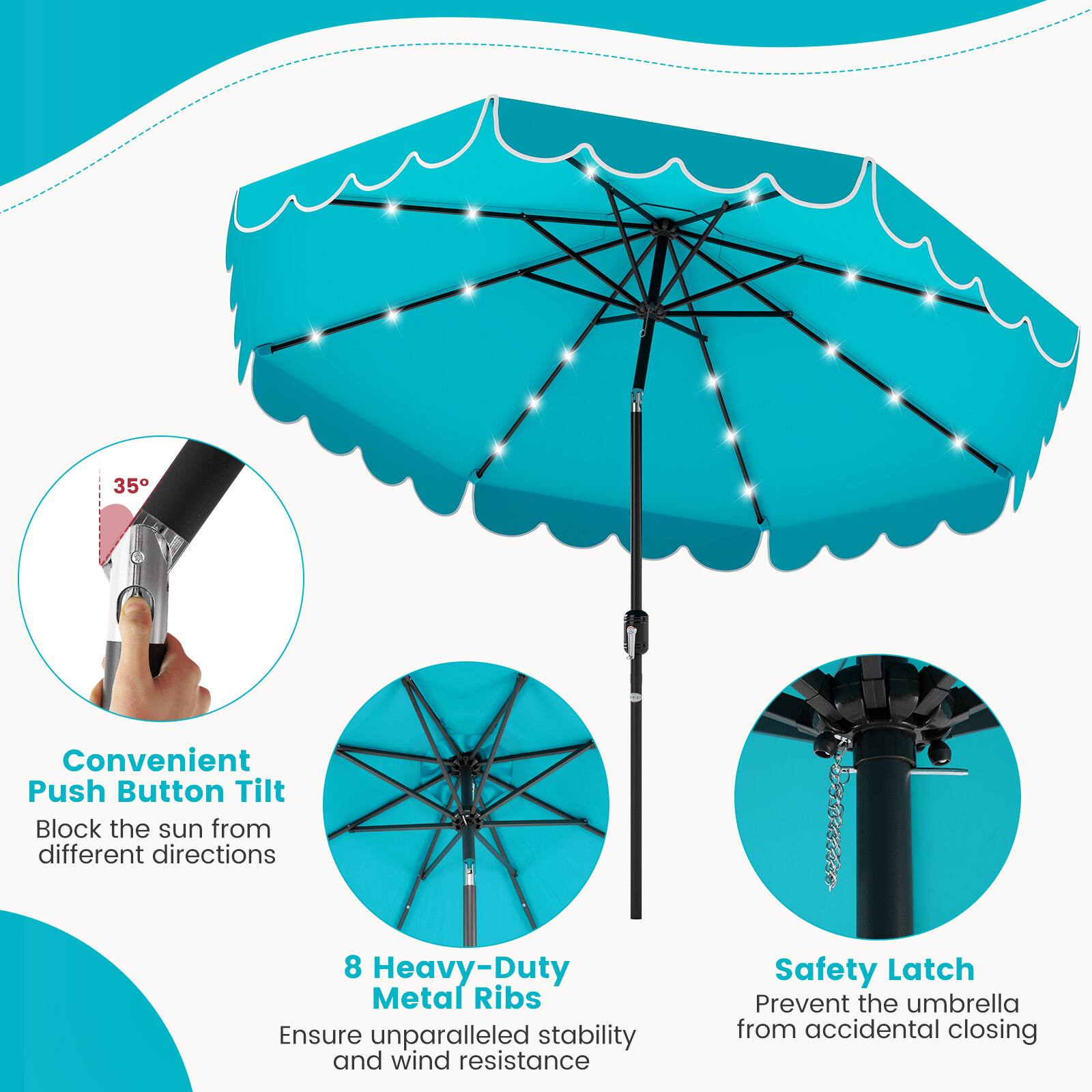 Convenient Push Button Tilt Block the sun from different directions, 8 Heavy-Duty Metal Ribs Ensure unparalleled stability and wind resistance, Safety Latch Prevent the umbrella from accidental closing