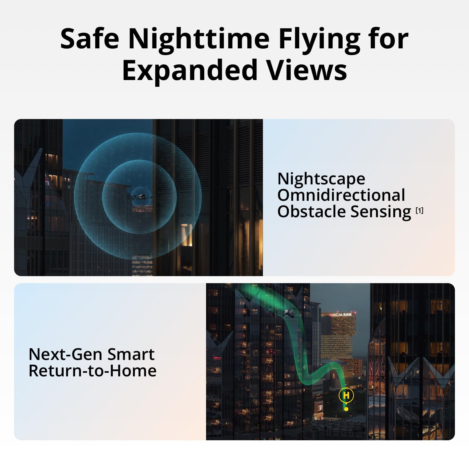 Safe Nighttime Flying for Expanded Views

Nightscape Omnidirectional Obstacle Sensing [1]

Next-Gen Smart Return-to-Home