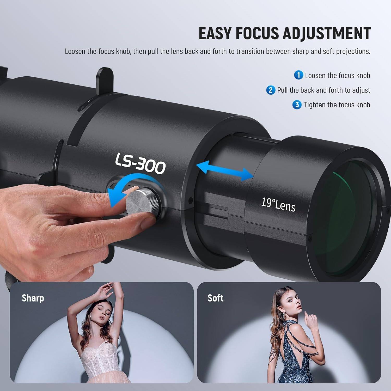 EASY FOCUS ADJUSTMENT

Loosen the focus knob, then pull the lens back and forth to transition between sharp and soft projections.

1. Loosen the focus knob
2. Pull the back and forth to adjust
3. Tighten the focus knob

LS-300

19°Lens

Sharp

Soft