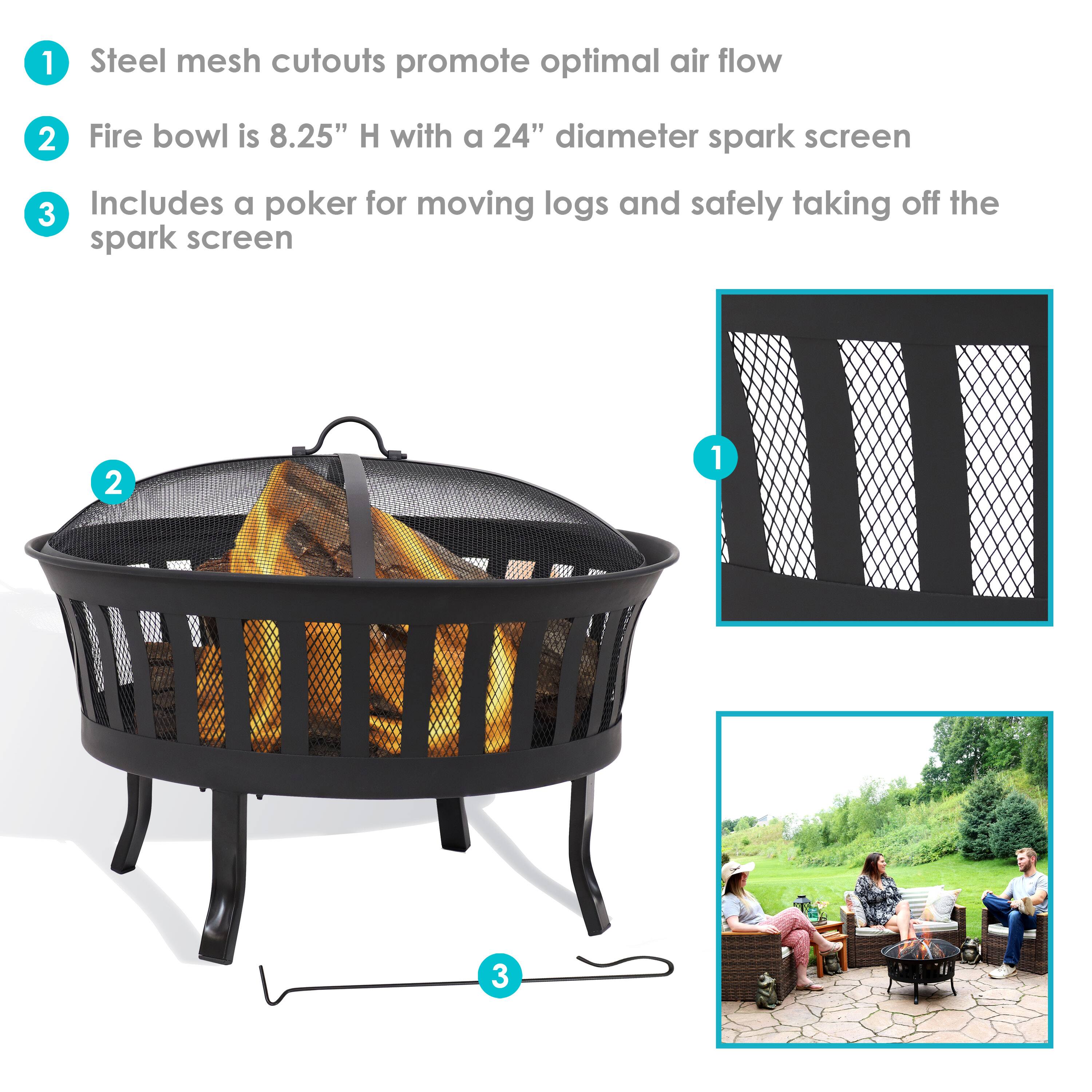 1. Steel mesh cutouts promote optimal air flow  
2. Fire bowl is 8.25" H with a 24" diameter spark screen  
3. Includes a poker for moving logs and safely taking off the spark screen