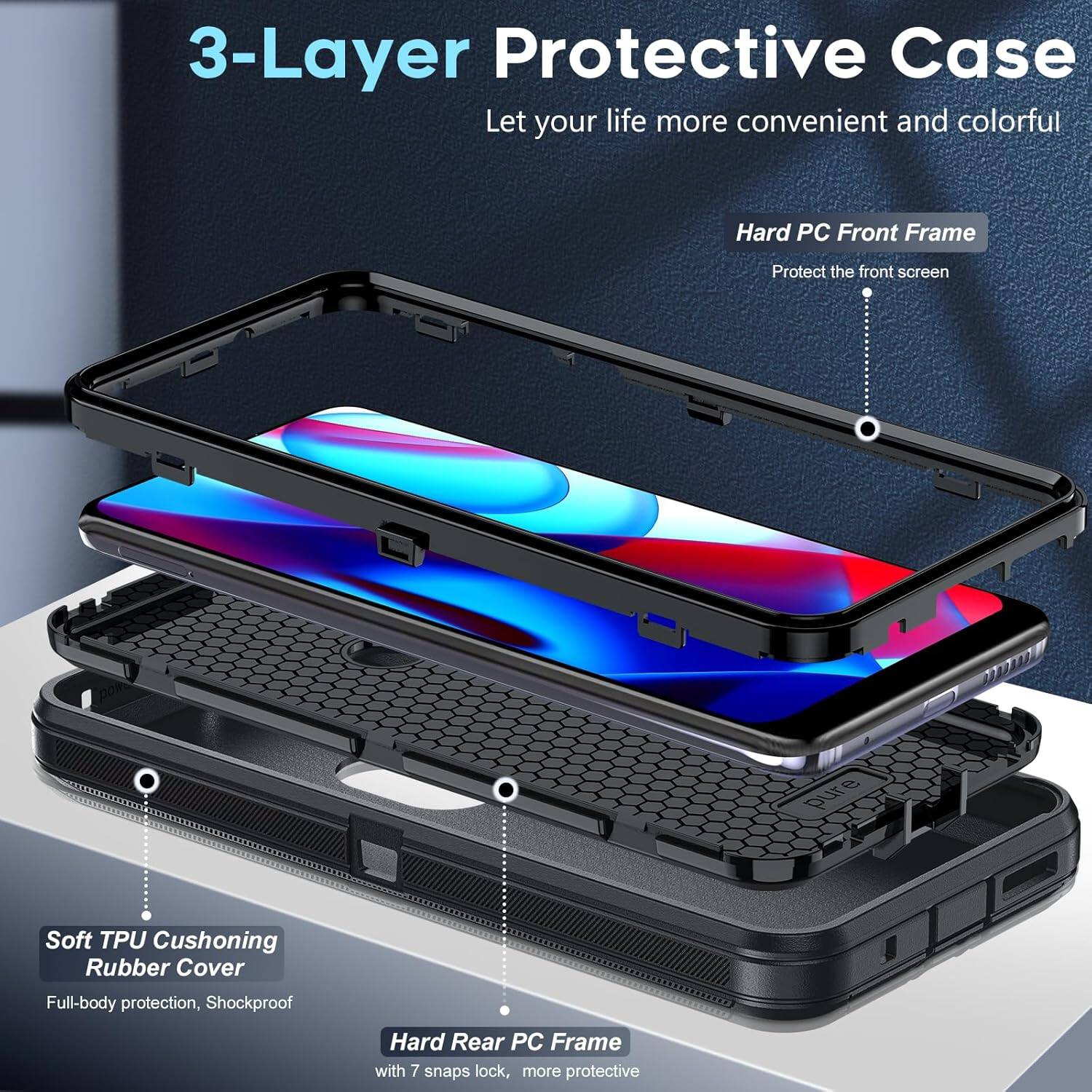 3-Layer Protective Case
Let your life more convenient and colorful
Hard PC Front Frame
Protect the front screen
Soft TPU Cushoning Rubber Cover
Full-body protection, Shockproof
Hard Rear PC Frame
with 7 snaps lock, more protective