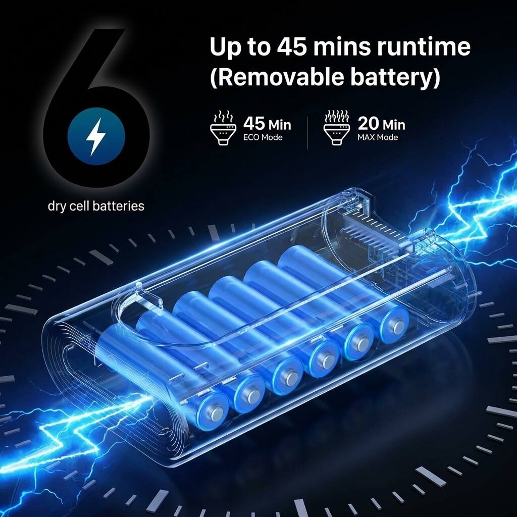 Up to 45 mins runtime (Removable battery)

6 dry cell batteries

45 Min ECO Mode

20 Min MAX Mode