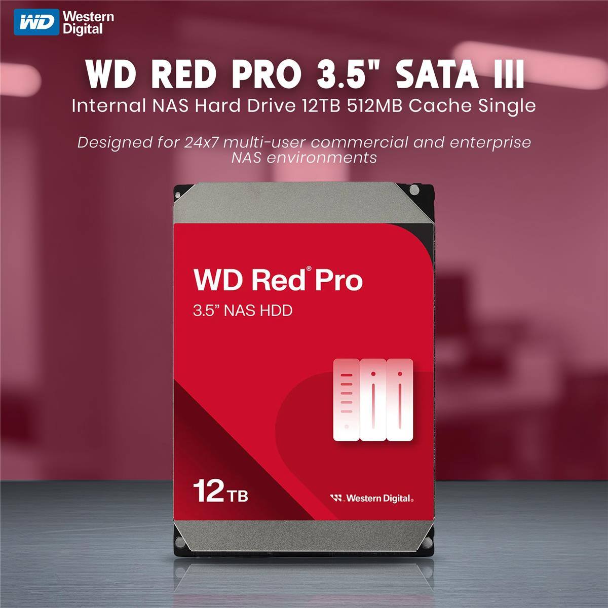 Western Digital WD RED PRO 3.5" SATA III Internal NAS Hard Drive 12TB 512MB Cache Single Designed for 24x7 multi-user commercial and enterprise NAS environments WD Red Pro 3.5" NAS HDD 12TB