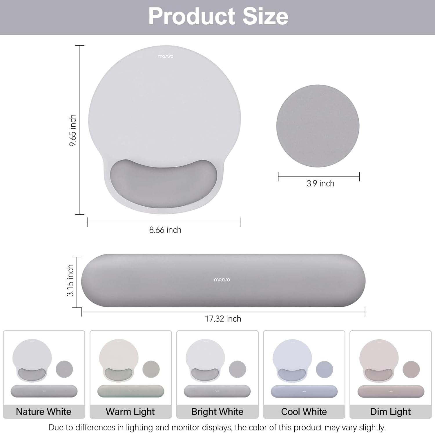 Product Size  
- Height: 9.65 inch  
- Diameter: 3.9 inch  
- Length: 8.66 inch  
- Width: 3.15 inch  
- Total Length: 17.32 inch  

Light Options:  
- Nature White  
- Warm Light  
- Bright White  
- Cool White  
- Dim Light  

Note: Due to differences in lighting and monitor displays, the color of this product may vary slightly.
