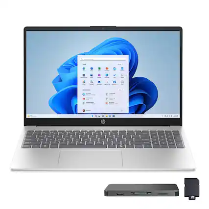 Front. HP - HP 15.6" FHD Touchscreen Laptop,Intel i7-1355U,16GB DDR5,512GB SSD+1TB Docking Station,Iris Xe Graphics,Win 11,Silver - Silver.