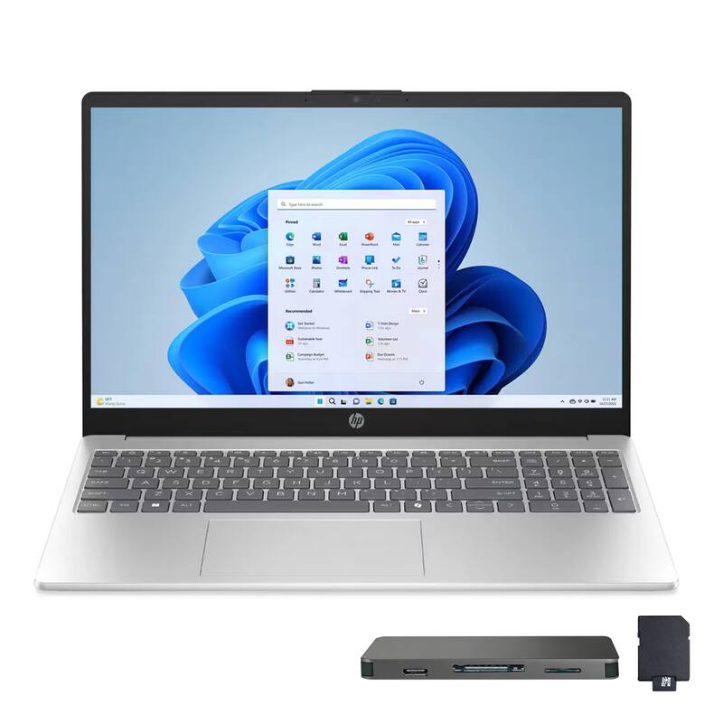 Front. HP - HP 15.6" FHD Touchscreen Laptop,Intel i7-1355U,16GB DDR5,512GB SSD+1TB Docking Station,Iris Xe Graphics,Win 11,Silver - Silver.