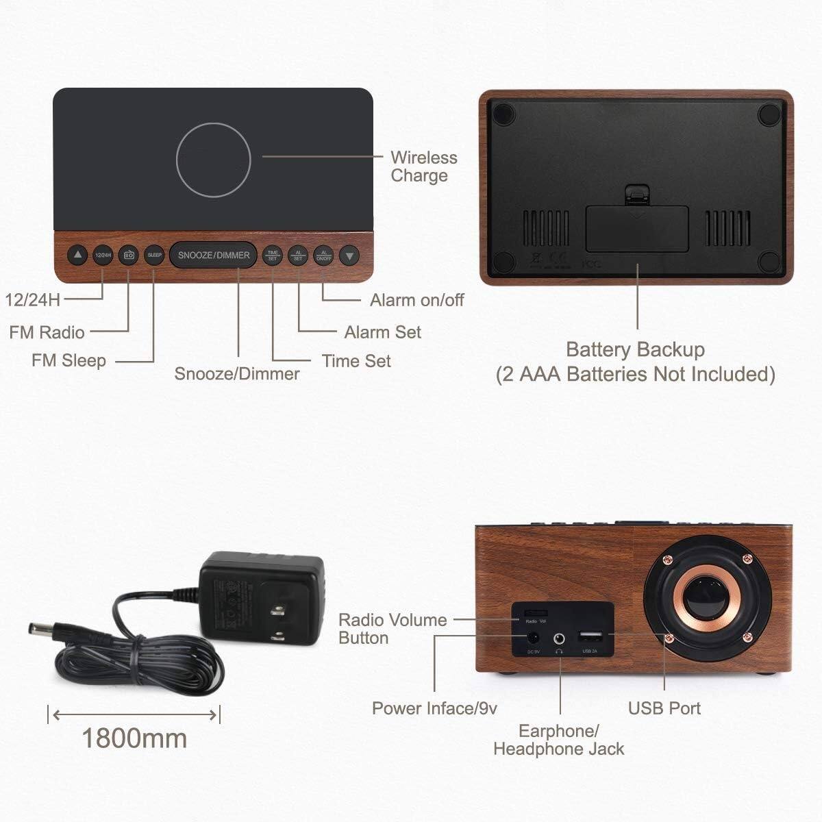 - Wireless Charge
- 12/24H Alarm on/off
- FM Radio
- FM Sleep Alarm
- Set Time
- Set Snooze/Dimmer
- Battery Backup (2 AAA Batteries Not Included)
- Radio Volume Button
- Power Inface/9v USB Port
- Earphone/ Headphone Jack
- 1800mm
- SNOOZE/DIMMER
- Alarm Set
- Time Set
- Battery Backup (2 AAA Batteries Not Included)
- Radio Volume Button
- Power Inface/9v USB Port
- Earphone/ Headphone Jack