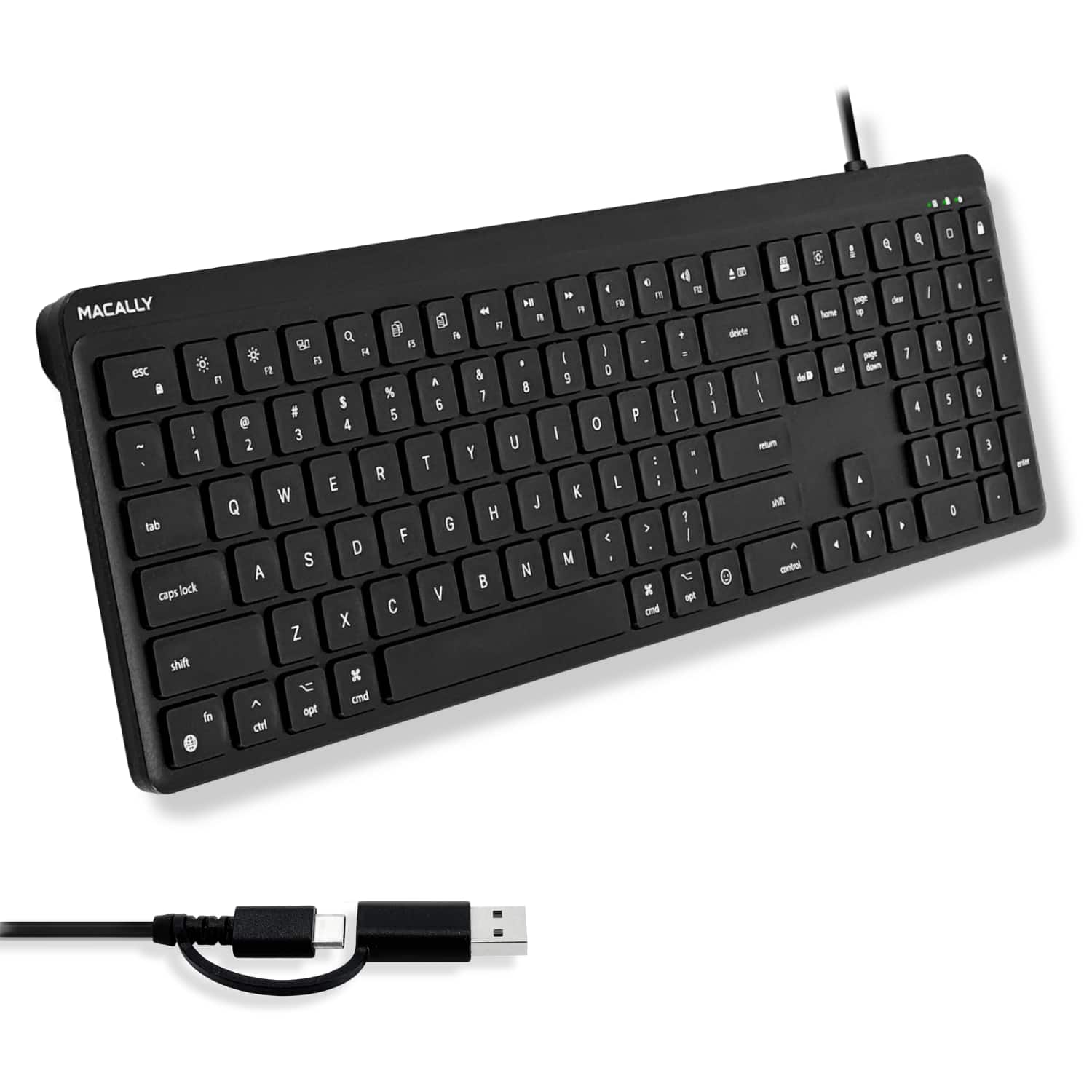 Macally - Mac Wired Keyboard USB C + A (Dual Plug) - Simplicity for All Apple Devices - Full 107 Keys, 22 Shortcut - Black