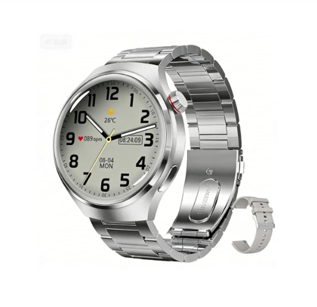 SKRAN - Round Screen Sports Smartwatch with Bluetooth Calling - Waterproof, Smartwatch with Voice Assistant -Steel + Silicone - Silver - (2026)