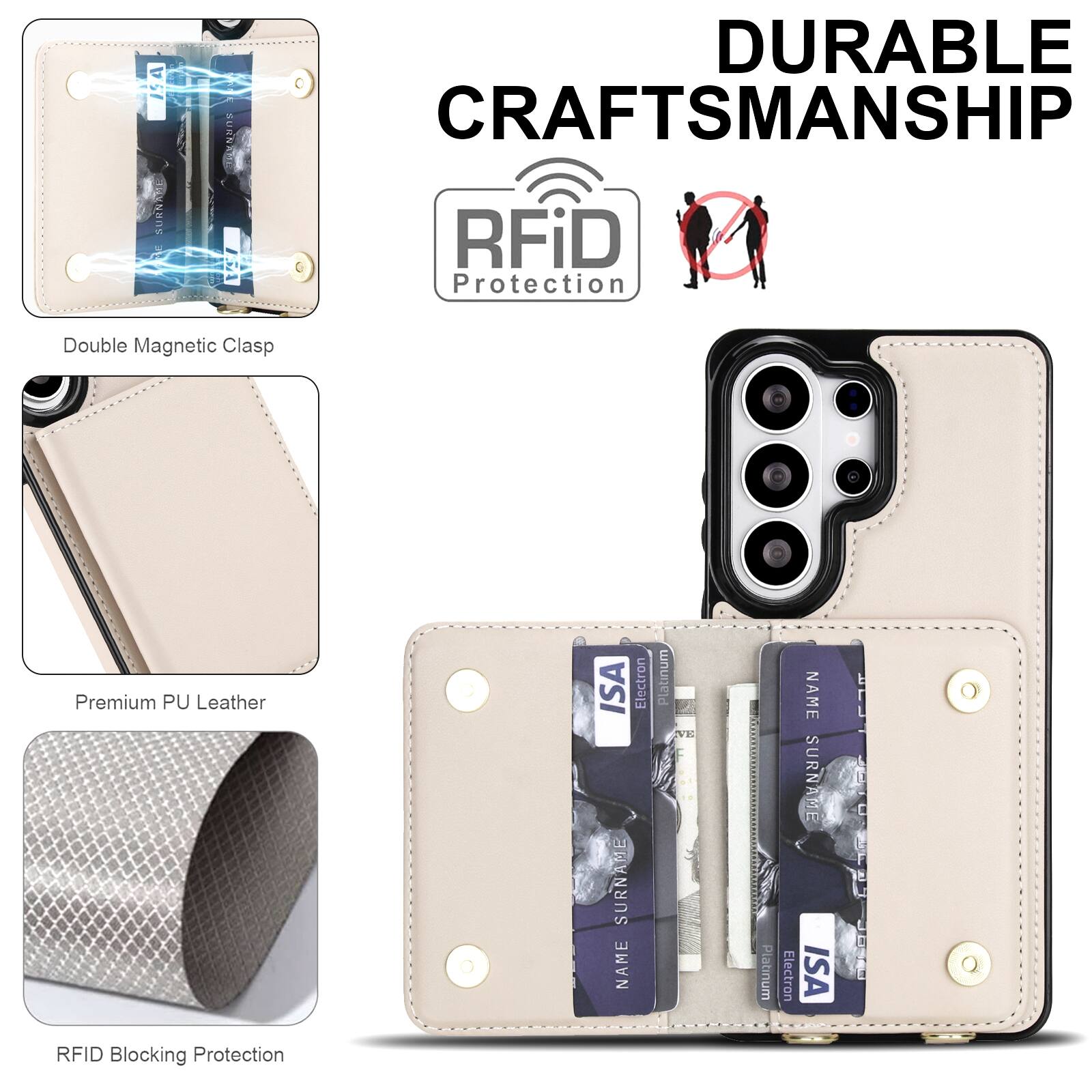 54 ACD DURABLE CRAFTSMANSHIP  
RFID Protection  
Double Magnetic Clasp  
Premium PU Leather  
RFID Blocking Protection  
ISA Electron Platinum  
NAME SURNAME