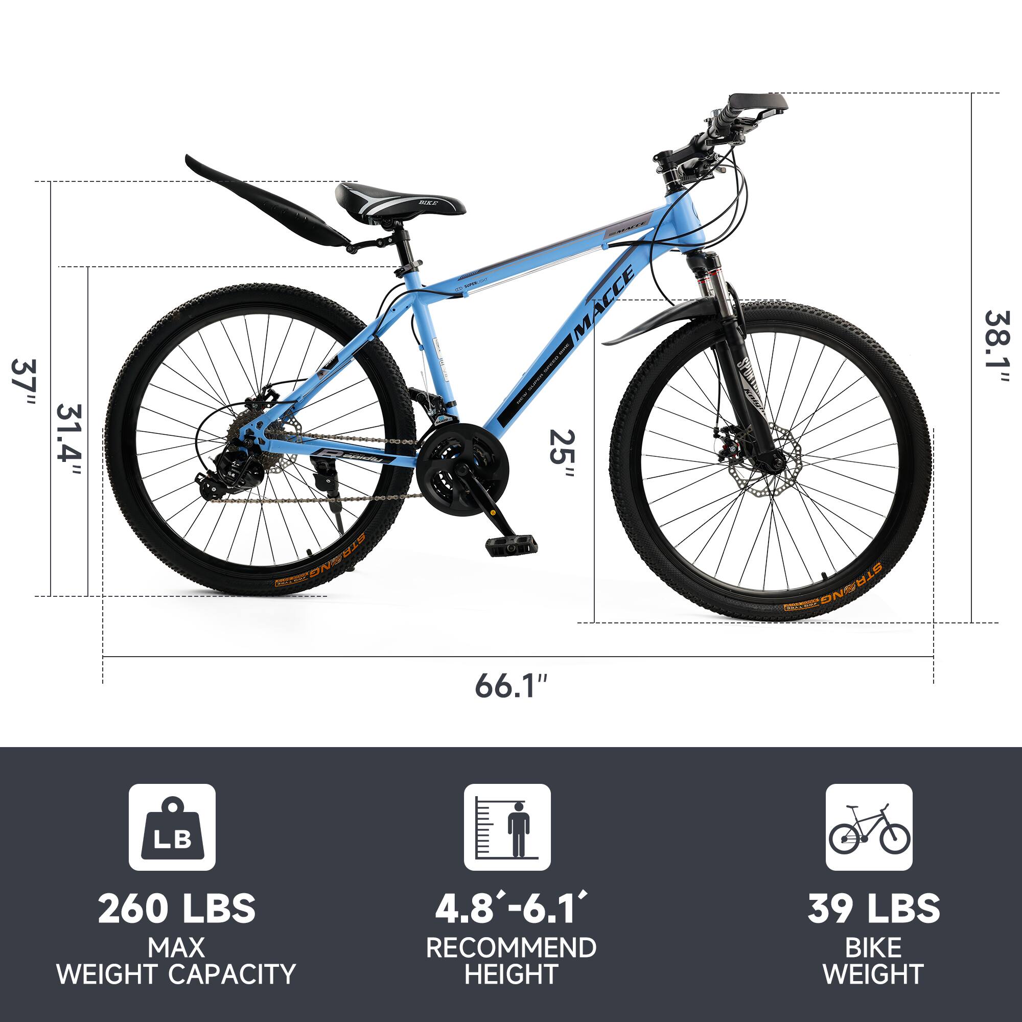 -.- 37" 31.4" DNL DS SEE MACCE M - 25" E b D N DTEDC 38.1" 66.1" LB 260 LBS MAX WEIGHT CAPACITY 4.8'-6.1' RECOMMEND HEIGHT 39 LBS BIKE WEIGHT

Corrected:

-.- 37" 31.4" DNL DS SEE MACCE M - 25" E b D N DTEDC 38.1" 66.1" LB 260 LBS MAX WEIGHT CAPACITY 4.8'-6.1' RECOMMEND HEIGHT 39 LBS BIKE WEIGHT