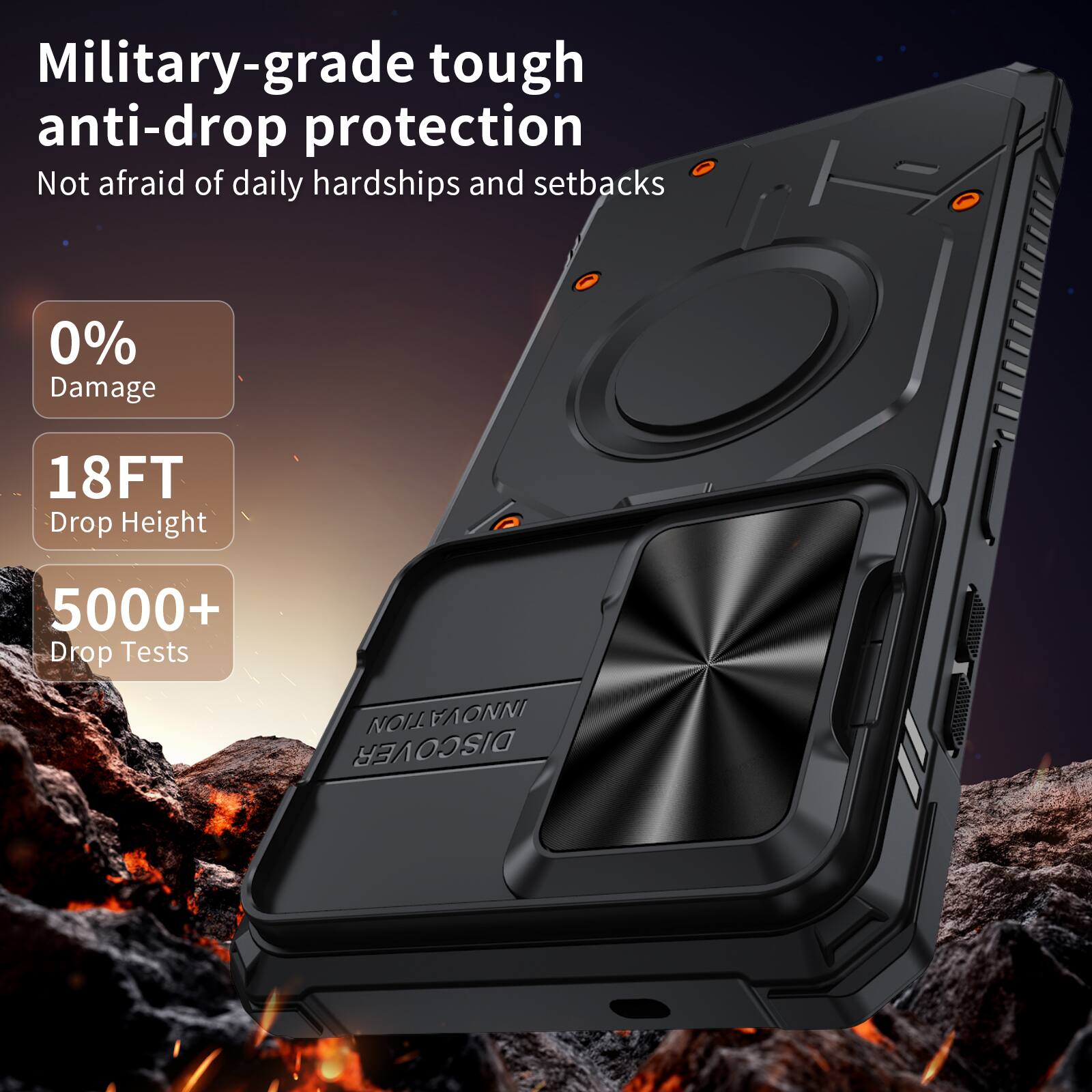 Military-grade tough anti-drop protection  
Not afraid of daily hardships and setbacks  
0% Damage  
18FT Drop Height  
5000+ Drop Tests  
INNOVATION  
DISCOVER