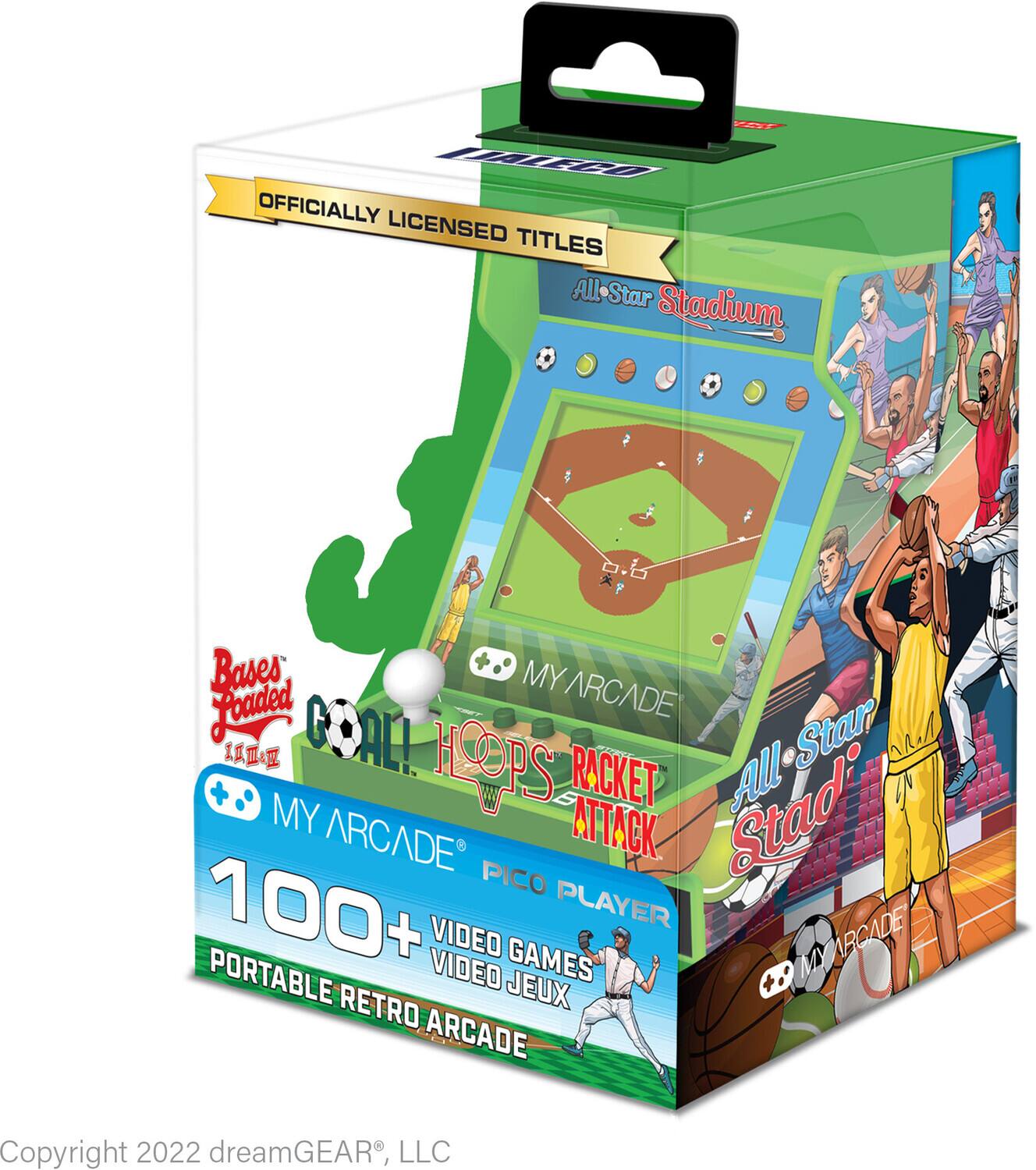 Sure, here is the corrected and grouped text from the image:

---

**OFFICIALLY LICENSED TITLES**

- All-Star Stadium
- Bases Loaded
- Goal!
- Hoops
- Racket Attack

**MY ARCADE**

- 100+ VIDEO GAMES
- PORTABLE RETRO ARCADE

**100+ PLAYER VIDEO GAMES**

**MY RETRO JEUX ARCADE**

**Copyright 2022 dreamGEAR®, LLC**

---