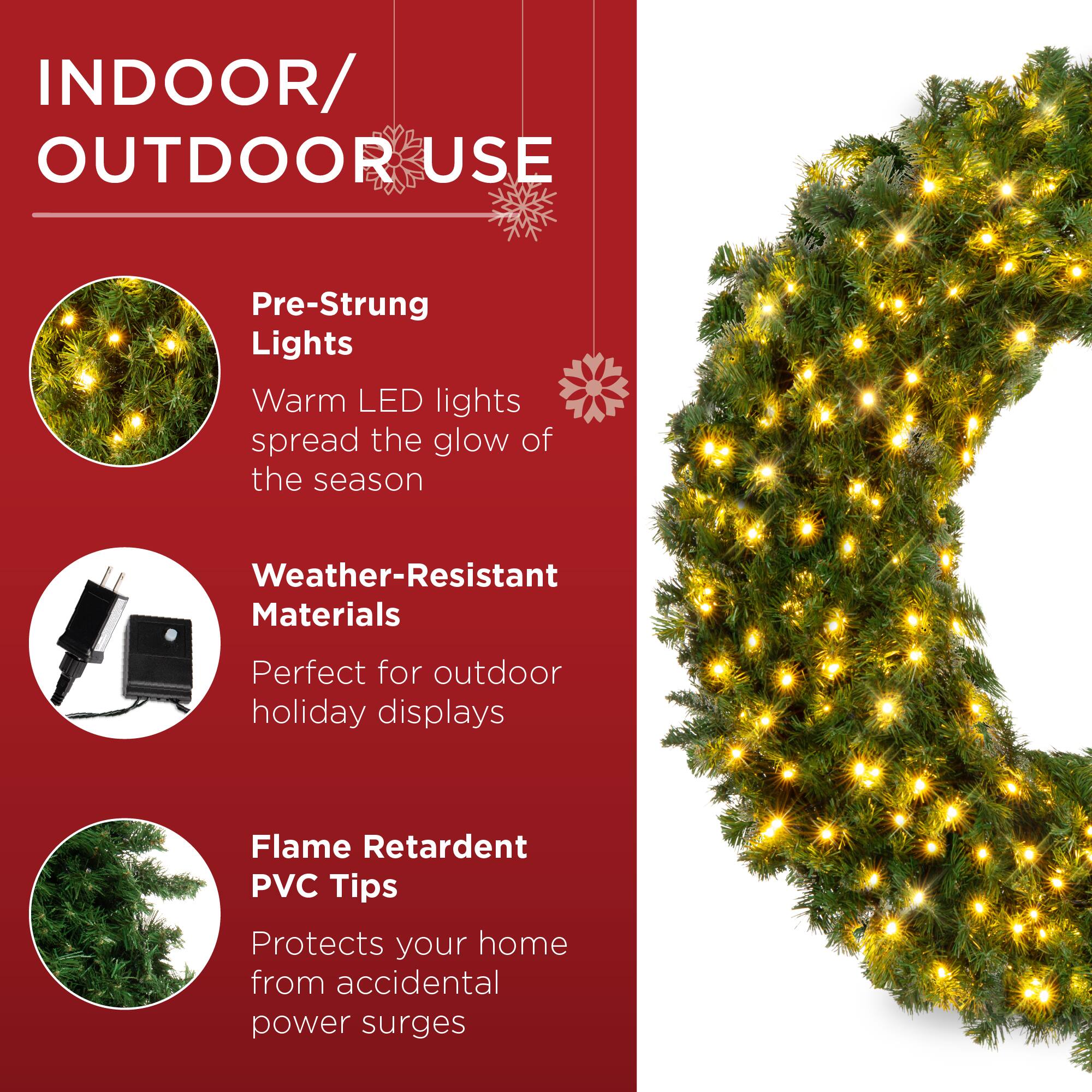 INDOOR/OUTDOOR USE

- Pre-Strung Lights
  - Warm LED lights spread the glow of the season

- Weather-Resistant Materials
  - Perfect for outdoor holiday displays

- Flame Retardant PVC Tips
  - Protects your home from accidental power surges