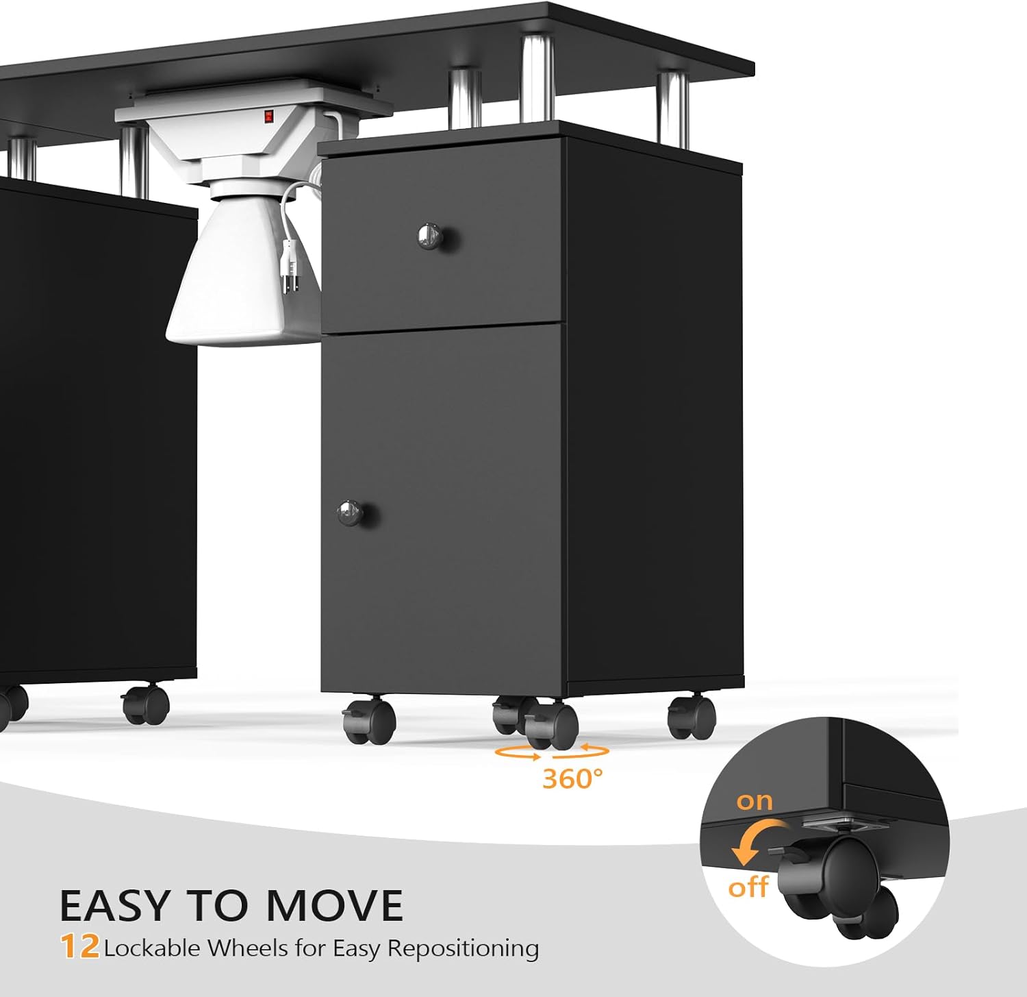 360° on EASY TO MOVE 12 Lockable Wheels for Easy Repositioning off