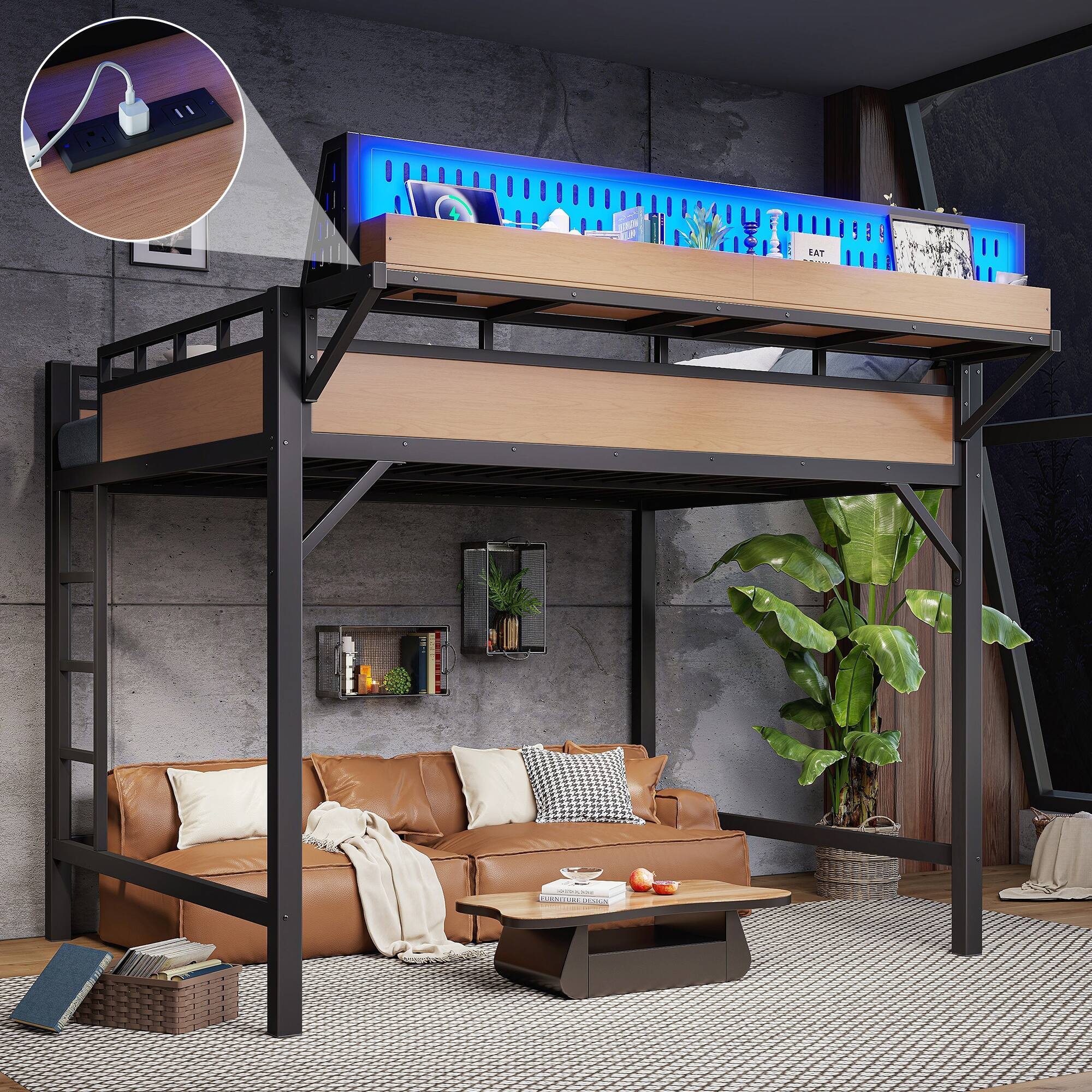 Alt View 1. Boyel Living - Queen Size Loft Bed Frame with Storage Shelves and Pegboard Metal Loft Bed - Black.