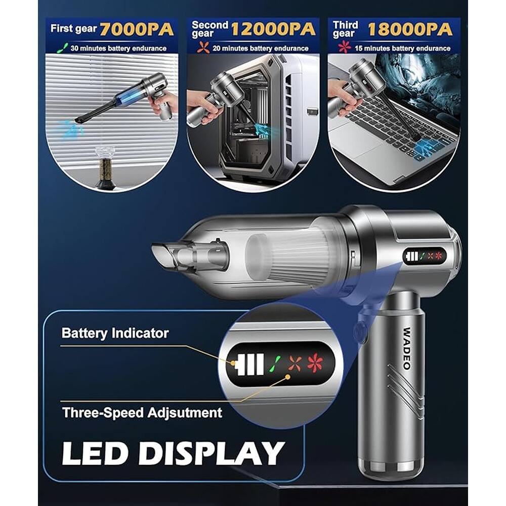 First gear 7000PA  
30 minutes battery endurance  

Second gear 12000PA  
20 minutes battery endurance  

Third gear 18000PA  
15 minutes battery endurance  

Battery Indicator  

Three-Speed Adjustment  

LED DISPLAY