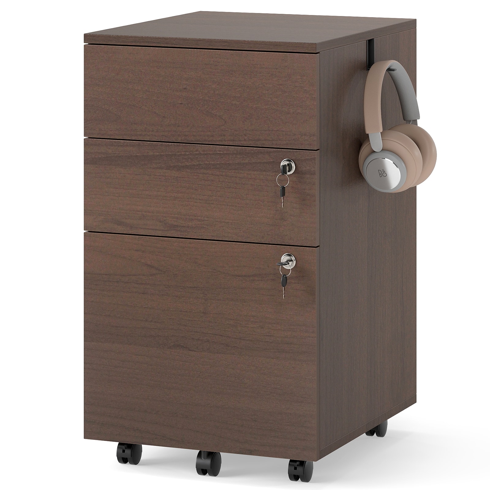 Gymax - 3-Drawer File Cabinet Rolling File Organizer w/ Lock & 4 Keys for Letter/Legal/A4 Coffee - Brown