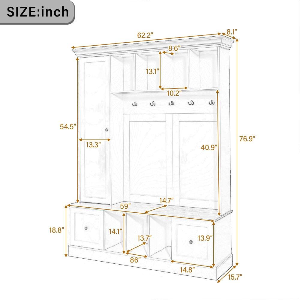 SIZE: inch  
62.2"  
8.1"  
8.6"  
13.1"  
10.2"  
54.5"  
13.3"  
40.9"  
76.9"  
59"  
4.7"  
18.8"  
14.1"  
13.7"  
86"  
14.8"  
15.7"