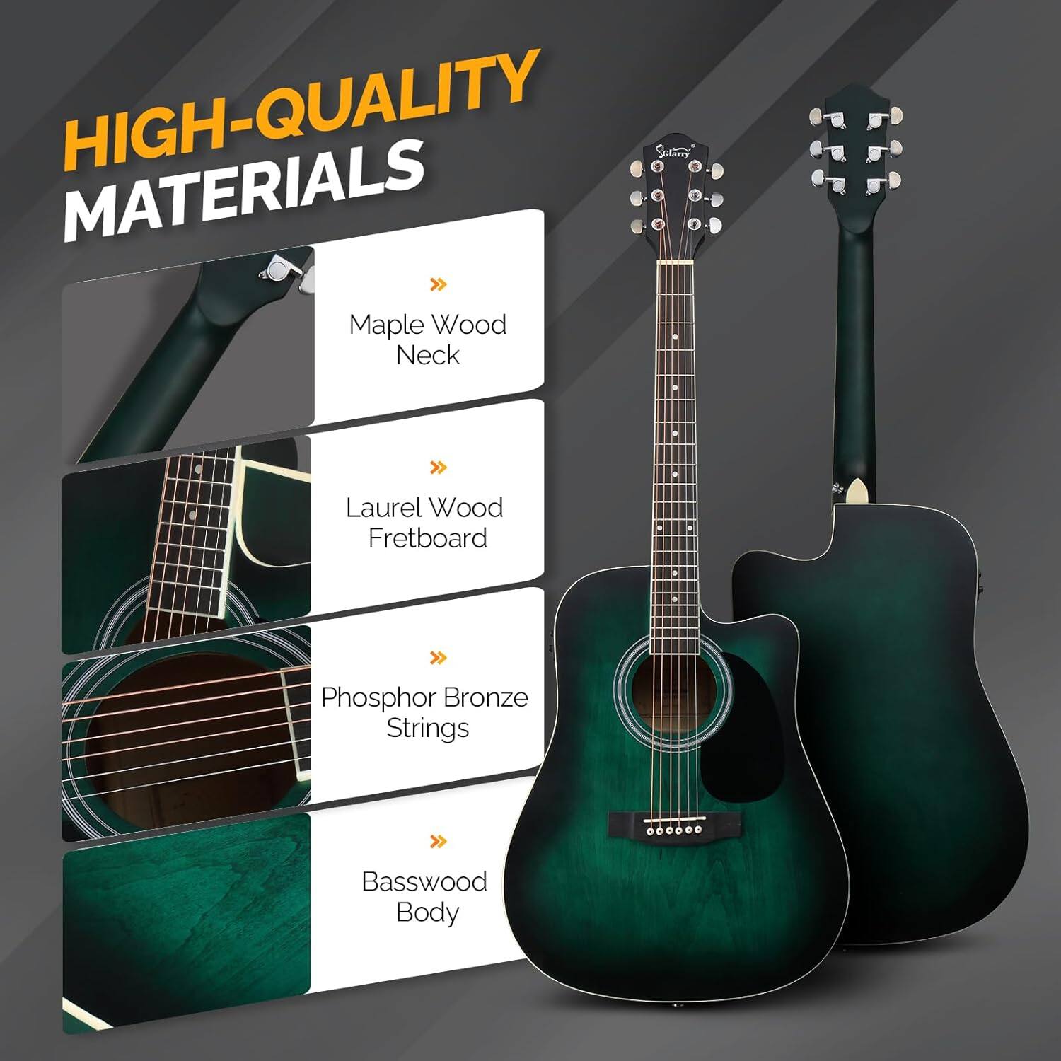 HIGH-QUALITY MATERIALS  
- Maple Wood Neck  
- Laurel Wood Fretboard  
- Phosphor Bronze Strings  
- Basswood Body