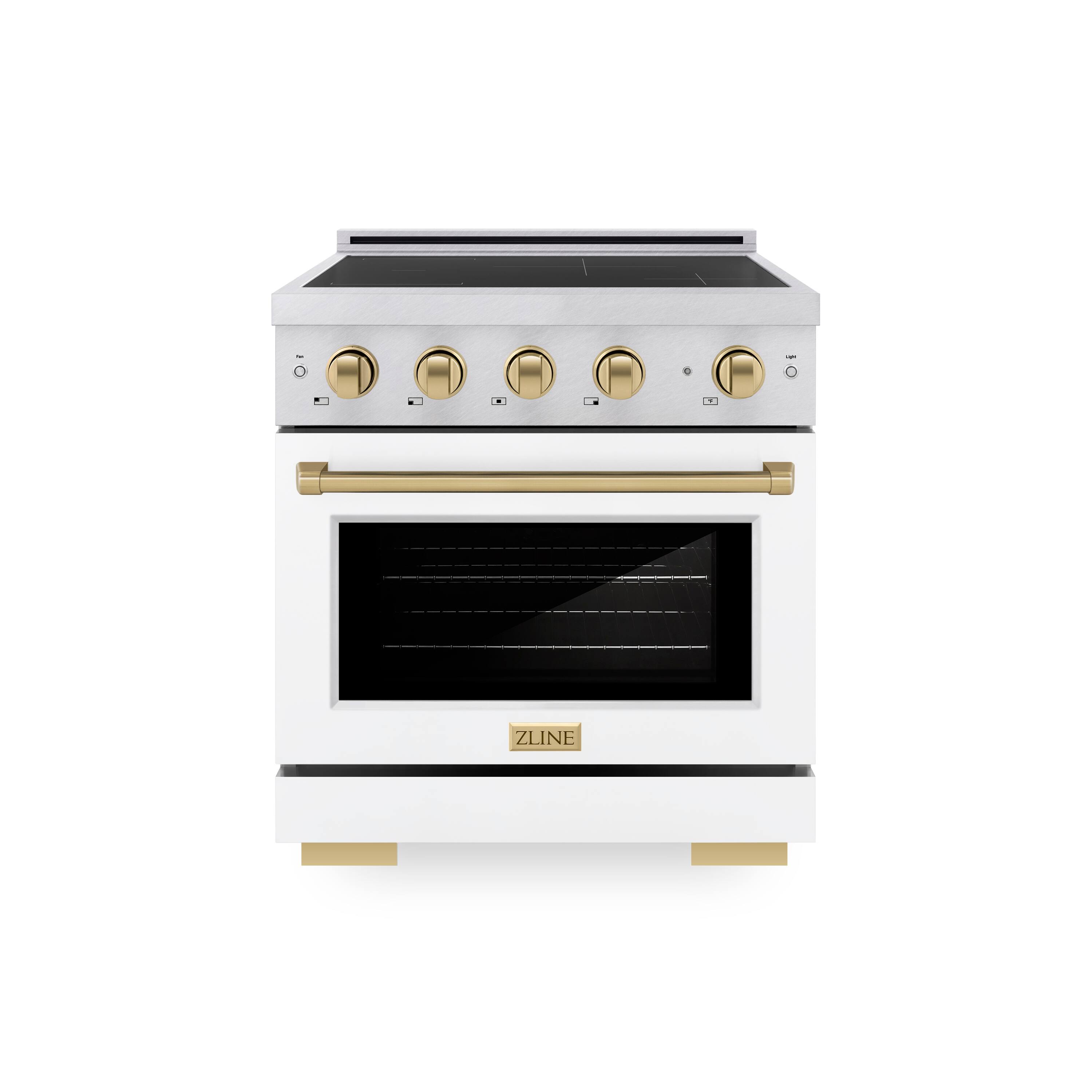 Front. ZLINE - Autograph 30 in. 4.2 cu. ft. Paramount Freestanding Induction Range in Satin Steel with Bronze Accents & White Door - Matte White.