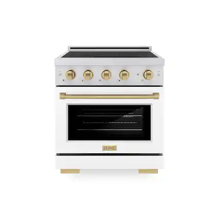 Front. ZLINE - Autograph 30 in. 4.2 cu. ft. Paramount Freestanding Induction Range in Satin Steel with Bronze Accents & White Door - Matte White.