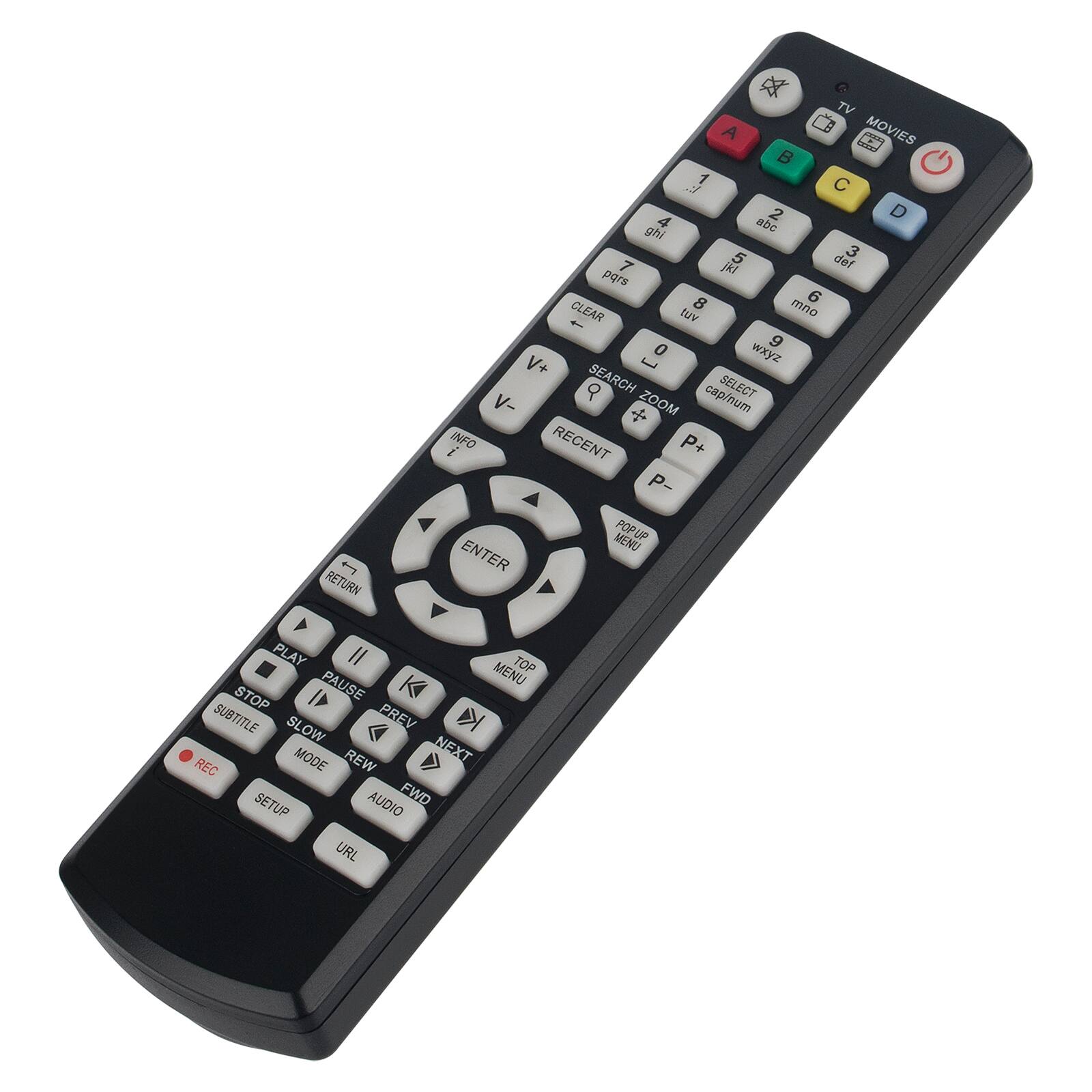TV A MOVIES 1 C I: 2 D 4 abc ghi 5 3 7 jkl def pqrs 8 6 CLEAR tuv mno 0 9 V+ [ wxyz Q SEARCH cap/num SELECT V- + ZOOM i INFO RECENT P+ P- MENU POP UP I ENTER RETURN PLAY TOP PAUSE MENU STOP PREV SUBTITLE SLOW REC MODE REW NEXT SETUP AUDIO FWD URL