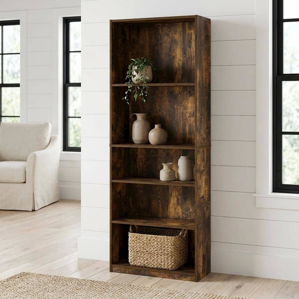 Angle. FurniFact - Amber Pine 5-Shelf Bookcase with Sturdy Wood Construction - Amber Pine.