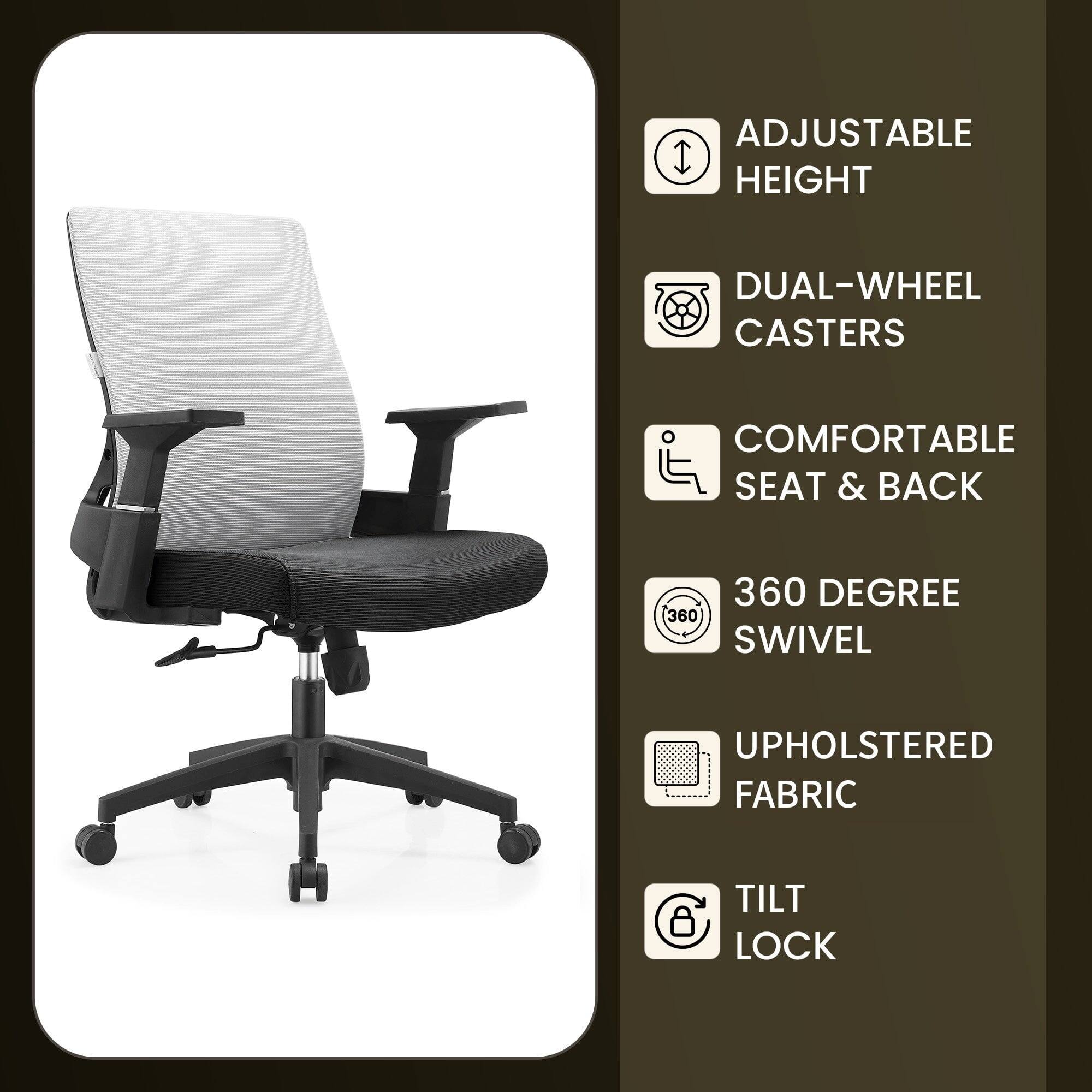 - Adjustable Height
- Dual-Wheel Casters
- Comfortable Seat & Back
- 360 Degree Swivel
- Upholstered Fabric
- Tilt Lock
