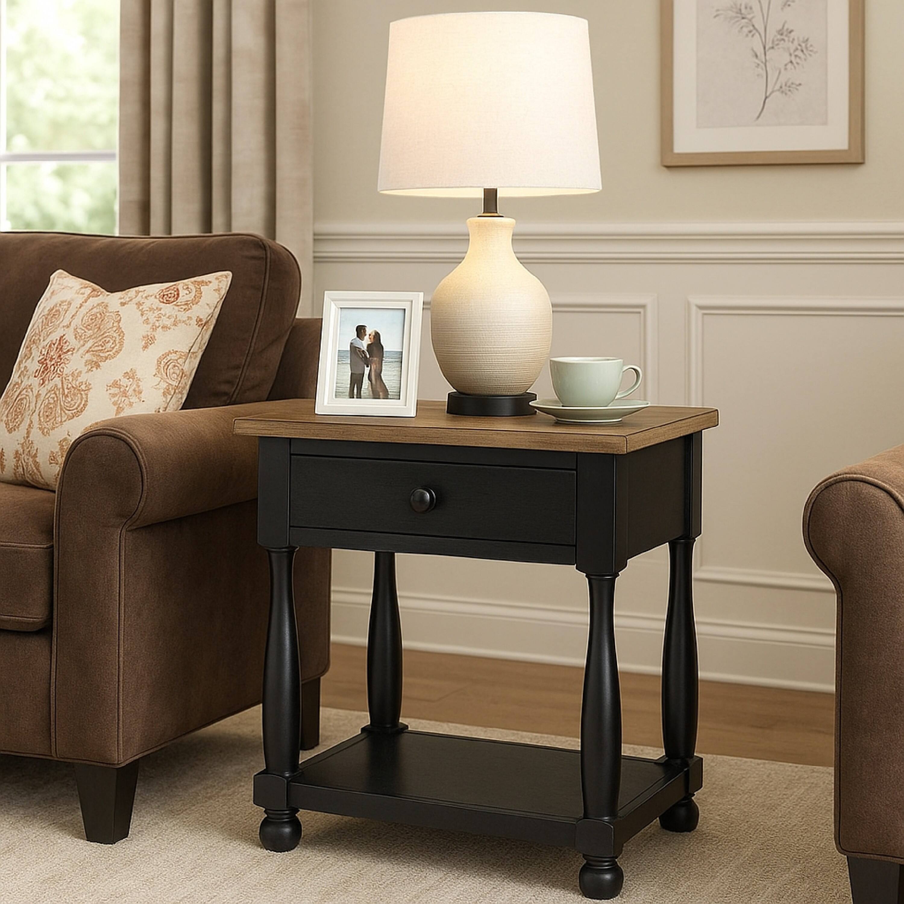 Alt View 2. Manhattan Lane - Ginie Nightstand, USB Ports and Drawer, Shelf, Rustic Oak Wood - Black, Oak Brown, Pewter.