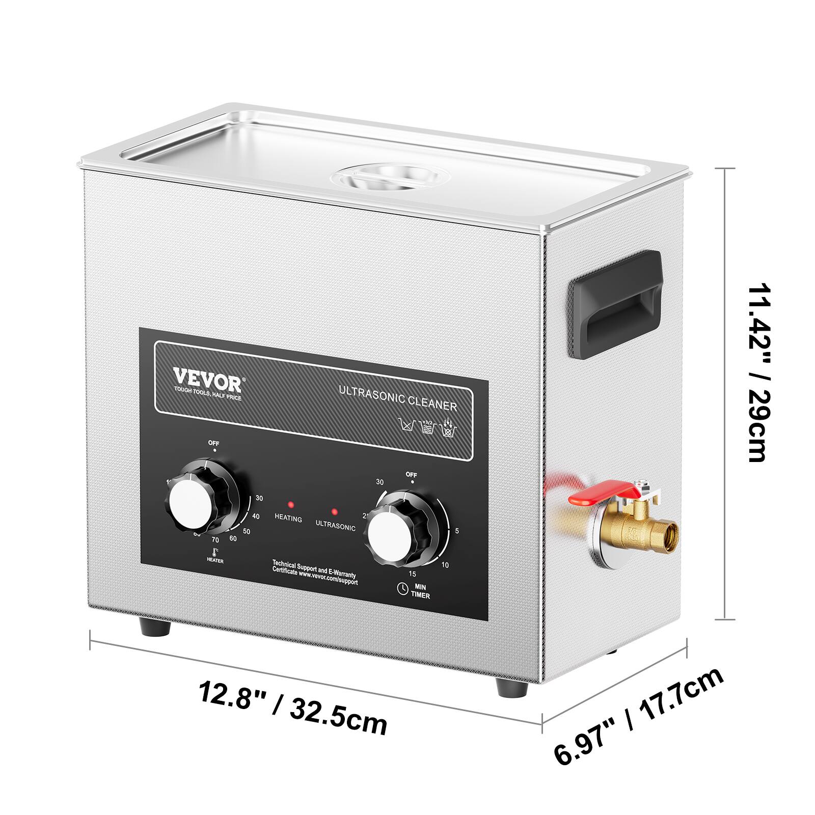 VEVOR - TOGLA i PROA OFF 1 do ULTRASONIC CLEANER 3 OFF 30 11.42" I 29cm 40 5 TE 0O  mma HEATING 2 ULTRASONIC Tachnical Suppur Cartificate M - TTU EWereniy conssuppon 1 50 15 4 MIN TIMER 12.8" I 32.5cm I 17.7cm 6.97"