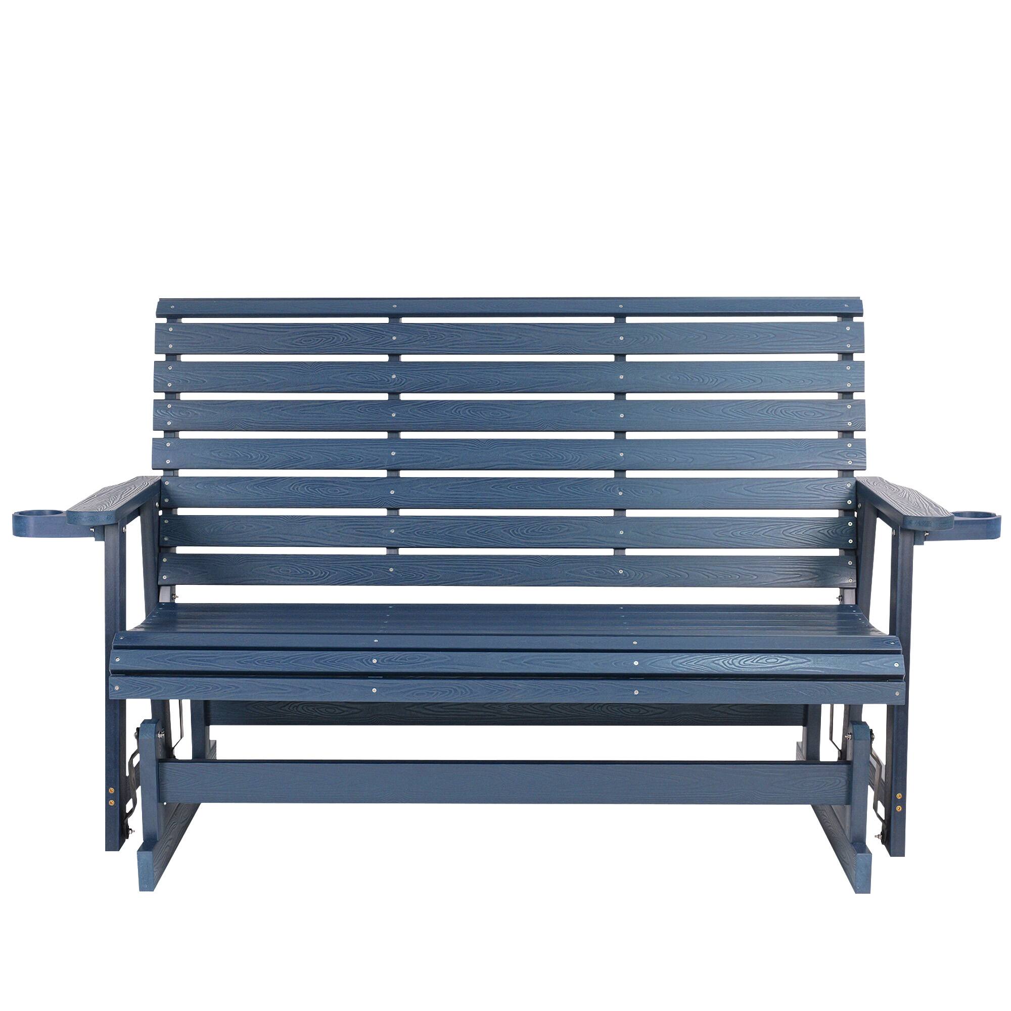 Alt View 4. Fortune Candy - HIPS Patio Glider Bench w/Cup Holders, All-Weather Poly Lumber, High Back & Deep Contoured Seat, for Porch Yard Garden - Navy Blue.
