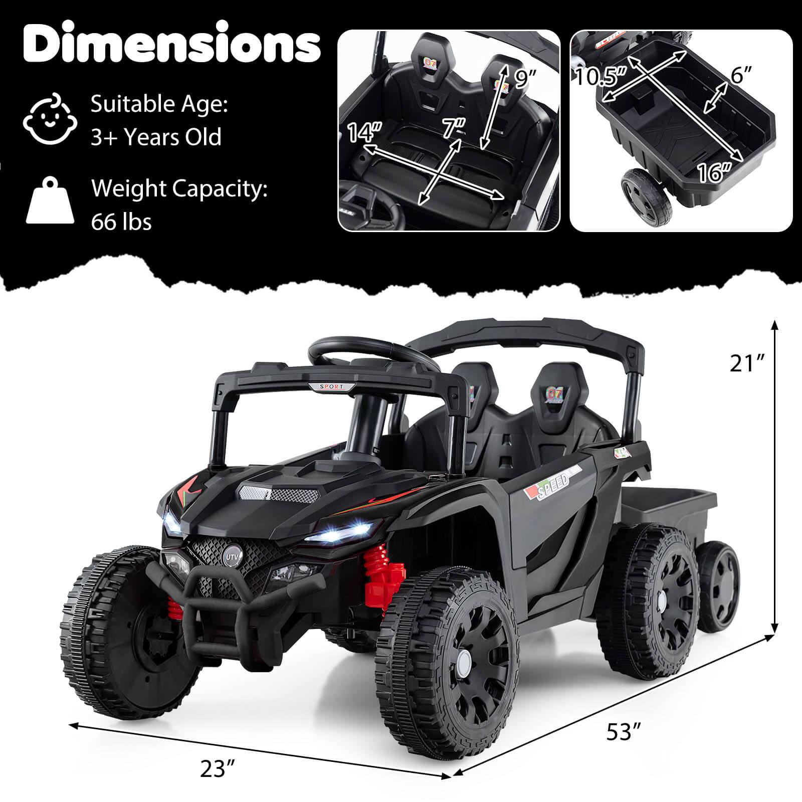 Dimensions  
Suitable Age: 3+ Years Old  
Weight Capacity: 66 lbs  

14"  
7"  
9"  
10.5"  
6"  
16"  
21"  
23"  
53"