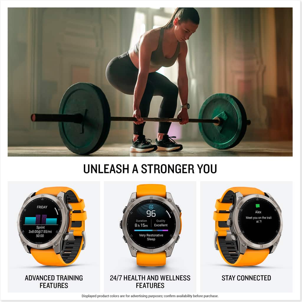 UNLEASH A STRONGER YOU
Advanced Training Features
24/7 Health and Wellness Features
Stay Connected
Friday Sprint 3x8:00@7:55/mi
50:00
96 Duration Quality 8
15m Excellent
Very Restorative Sleep
Alex
Meet you on the trail a 7
Displayed product colors are for advertising purposes. Confirm availability before purchase.