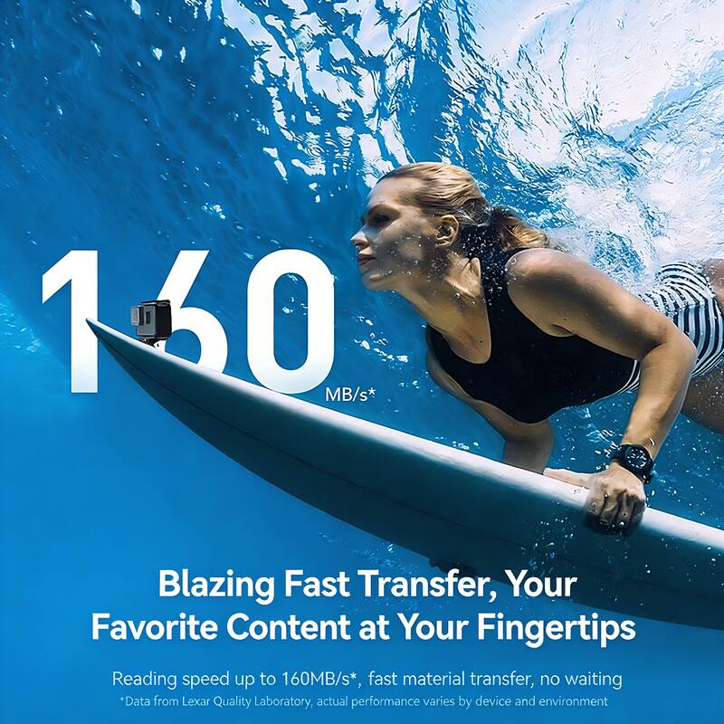 160 MB/s*

Blazing Fast Transfer, Your Favorite Content at Your Fingertips

Reading speed up to 160MB/s*, fast material transfer, no waiting

*Data from Lexar Quality Laboratory, actual performance varies by device and environment