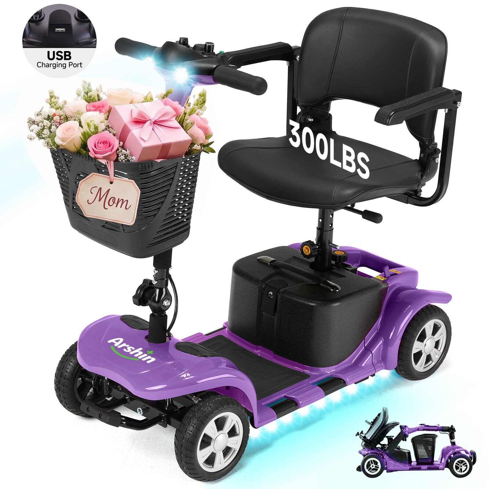 Hover Heart - Electric Mobility Scooter for Adults, Portable 4 Wheel Travel Scooter with Adjustable Seat and LED Light - Purple price history on PriceWatchPro