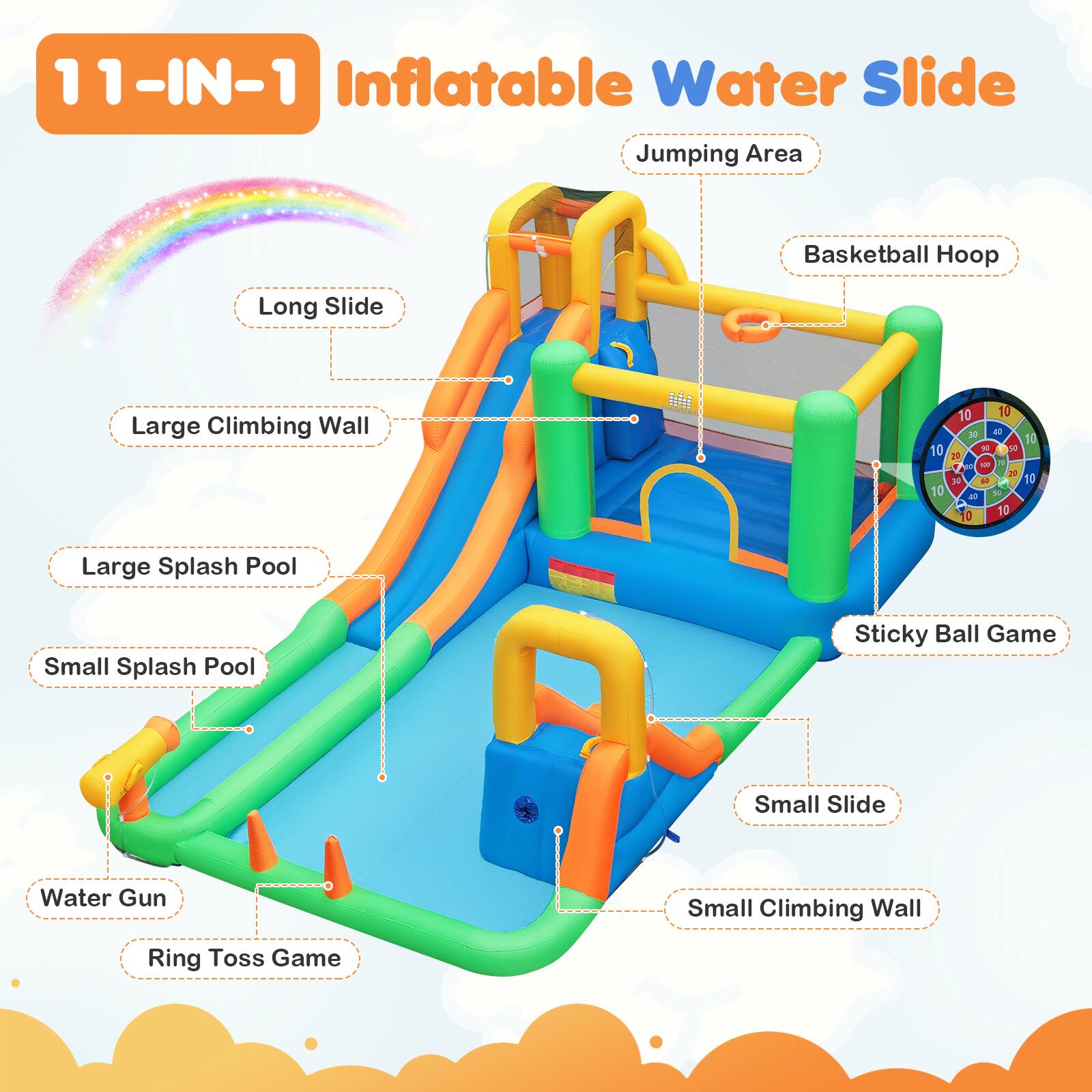 11-IN-1 Inflatable Water Slide Jumping Area  
Basketball Hoop  
Long Slide  
Large Climbing Wall  
Large Splash Pool  
Small Splash Pool  
Sticky Ball Game  
Small Slide  
Water Gun  
Small Climbing Wall  
Ring Toss Game