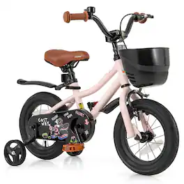 Costway - 12" Kid's Bike with Training Wheels Adjustable Handlebar & Seat Handbrake - Pink