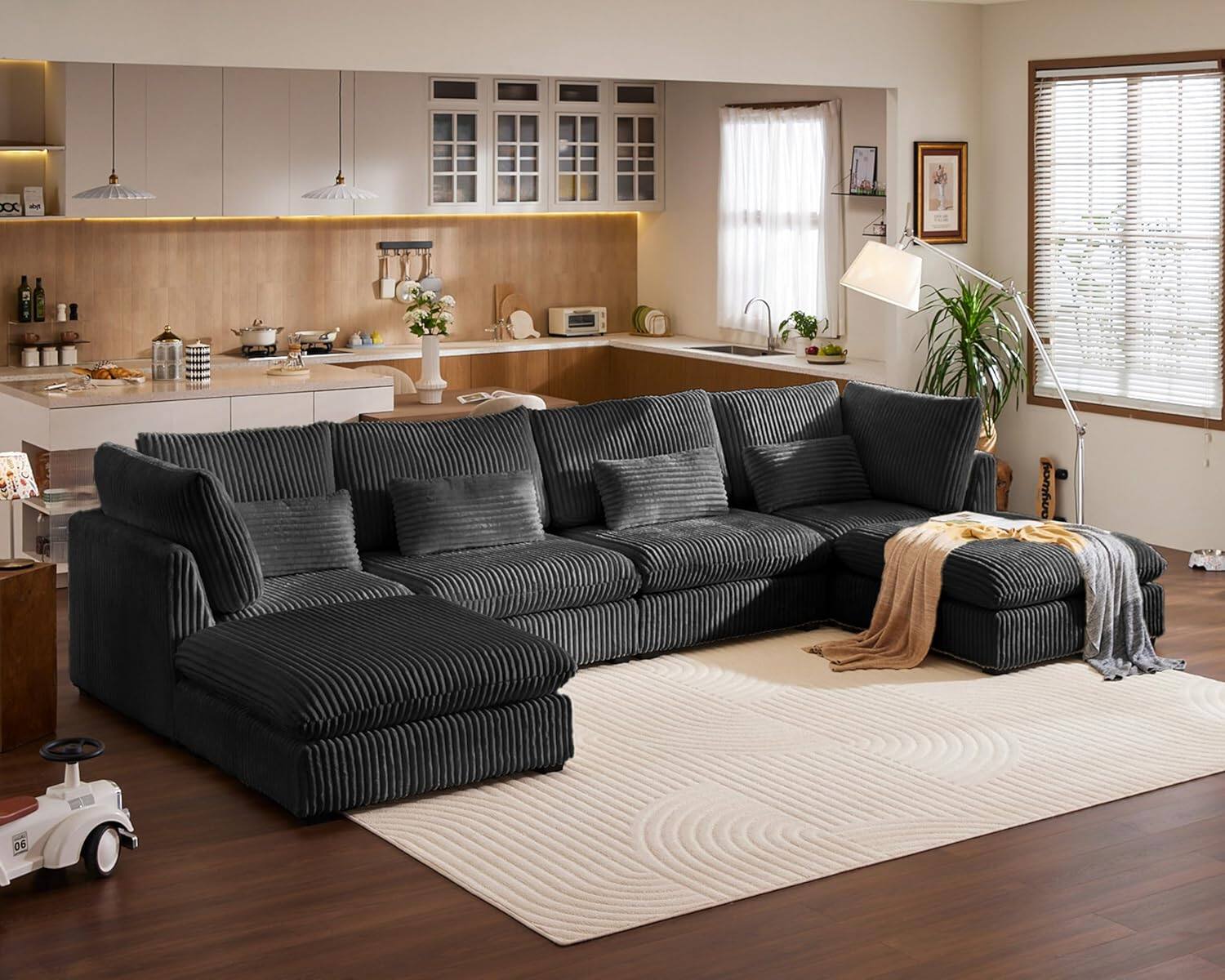 Angle. Yardgrace - 154" Oversized Corduroy Couch Modular Sectional Sofa，6 Seater Sectional Couches for Living Room, Fully Cover Removable - Black.
