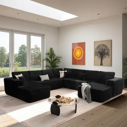 Front. Ovios - 133" Modular Sectional Sofa with Chaise, U-Shaped Couch for Living Room - Black(B2).