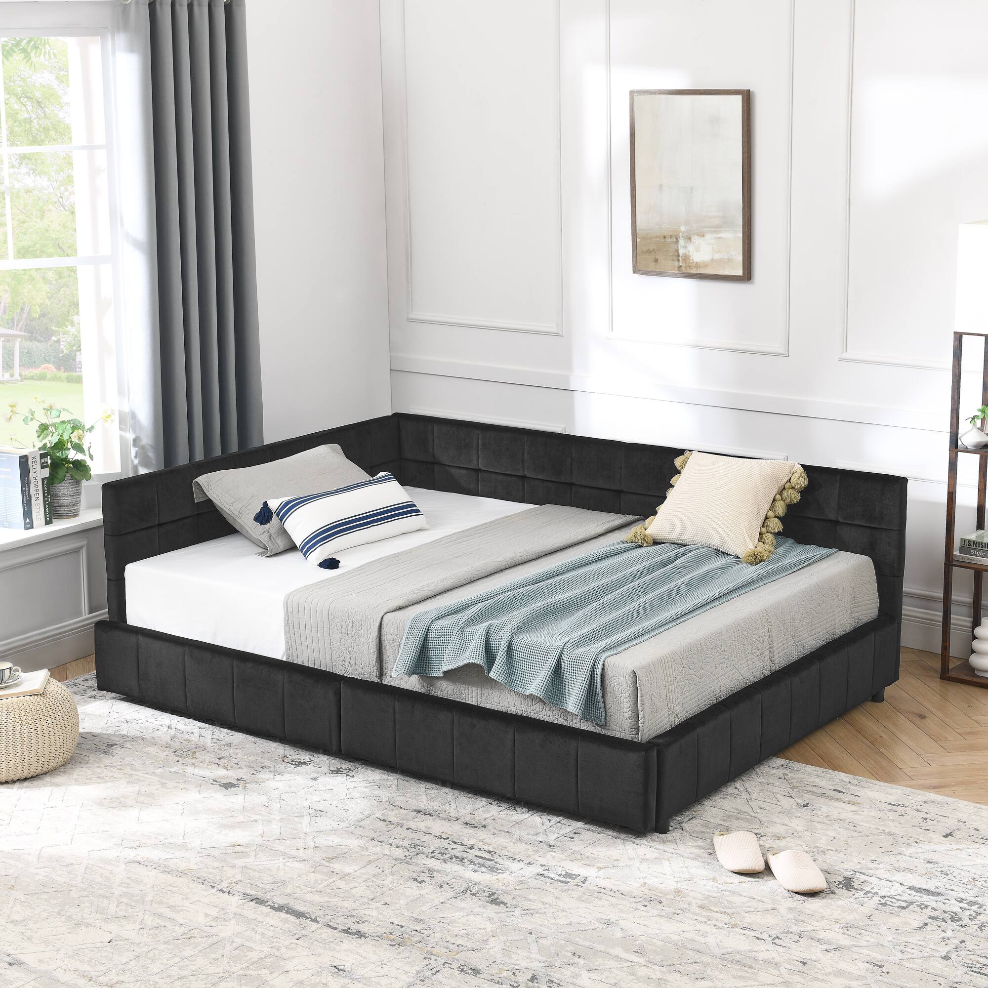 Angle. Anysun - Full Size Velvet Tufted Storage Bed Frame - Sofa Bed with Backrest & Armrests for Bedroom or Living Room - Black.