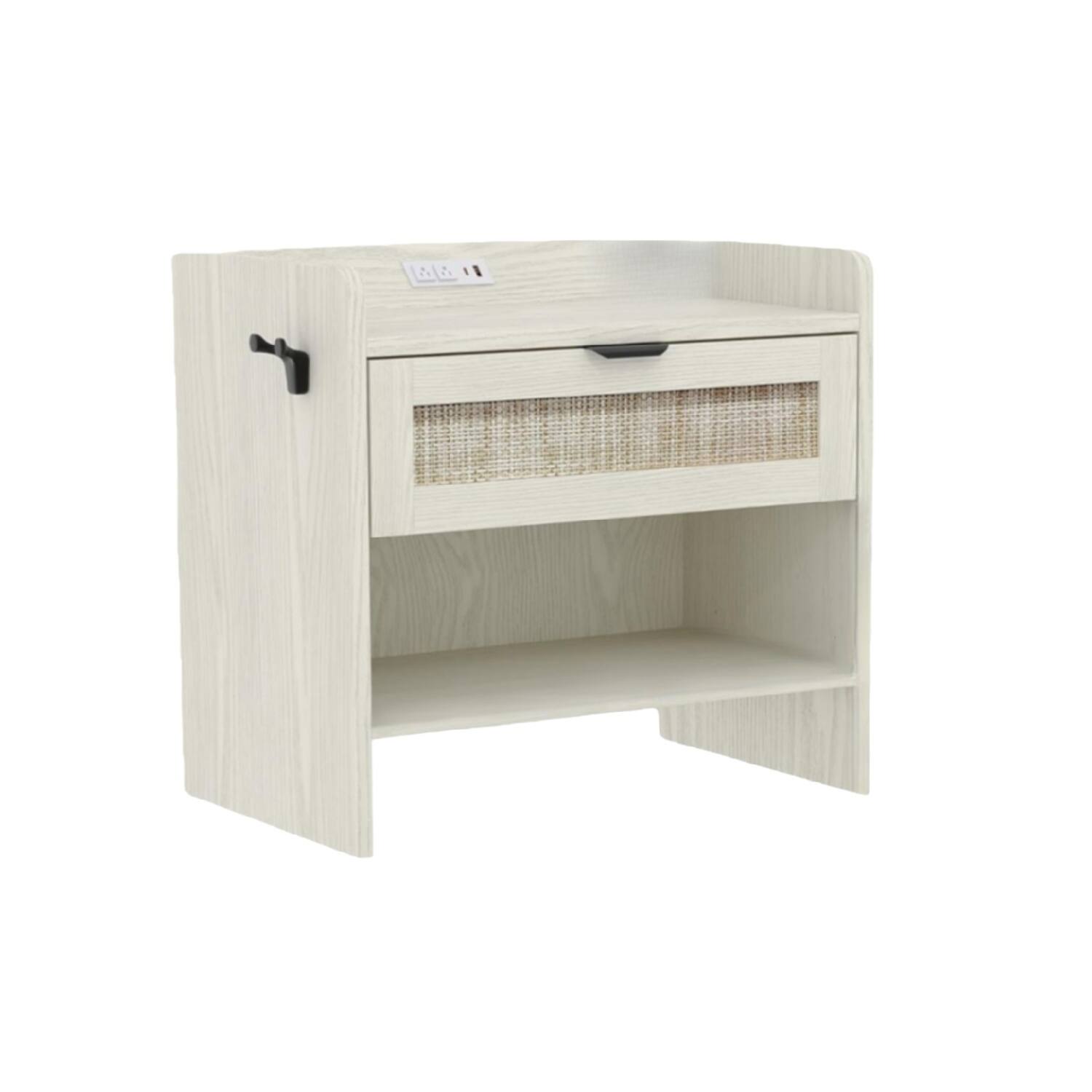 Alt View 6. GARVEE - Rattan Nightstand, Bedside Table with Type-C Charging Station - 1 Storage Drawer & Open Storage Space, White 1pcs - White.