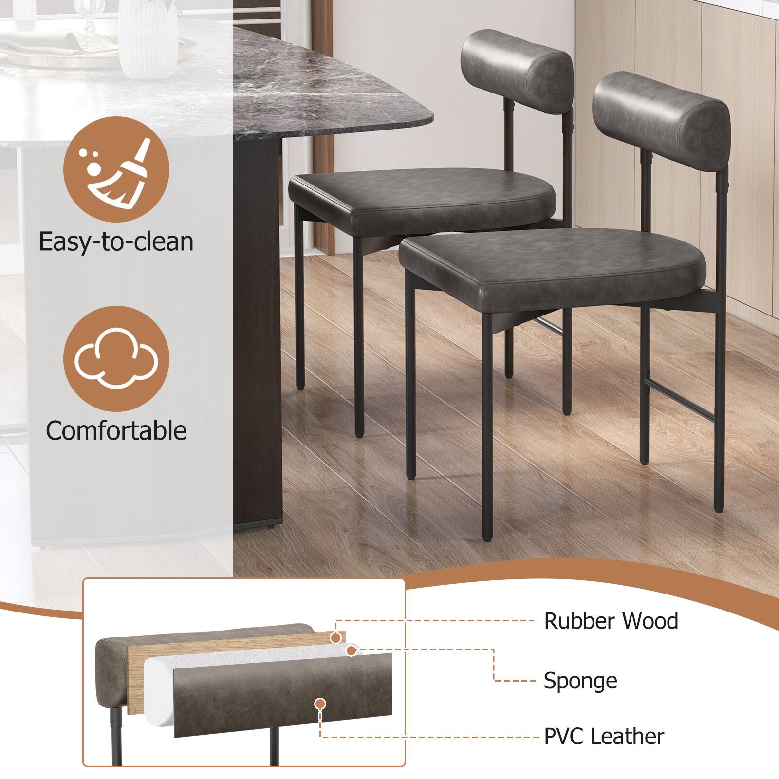 Easy-to-clean  
Comfortable  

Rubber Wood  
Sponge  
PVC Leather