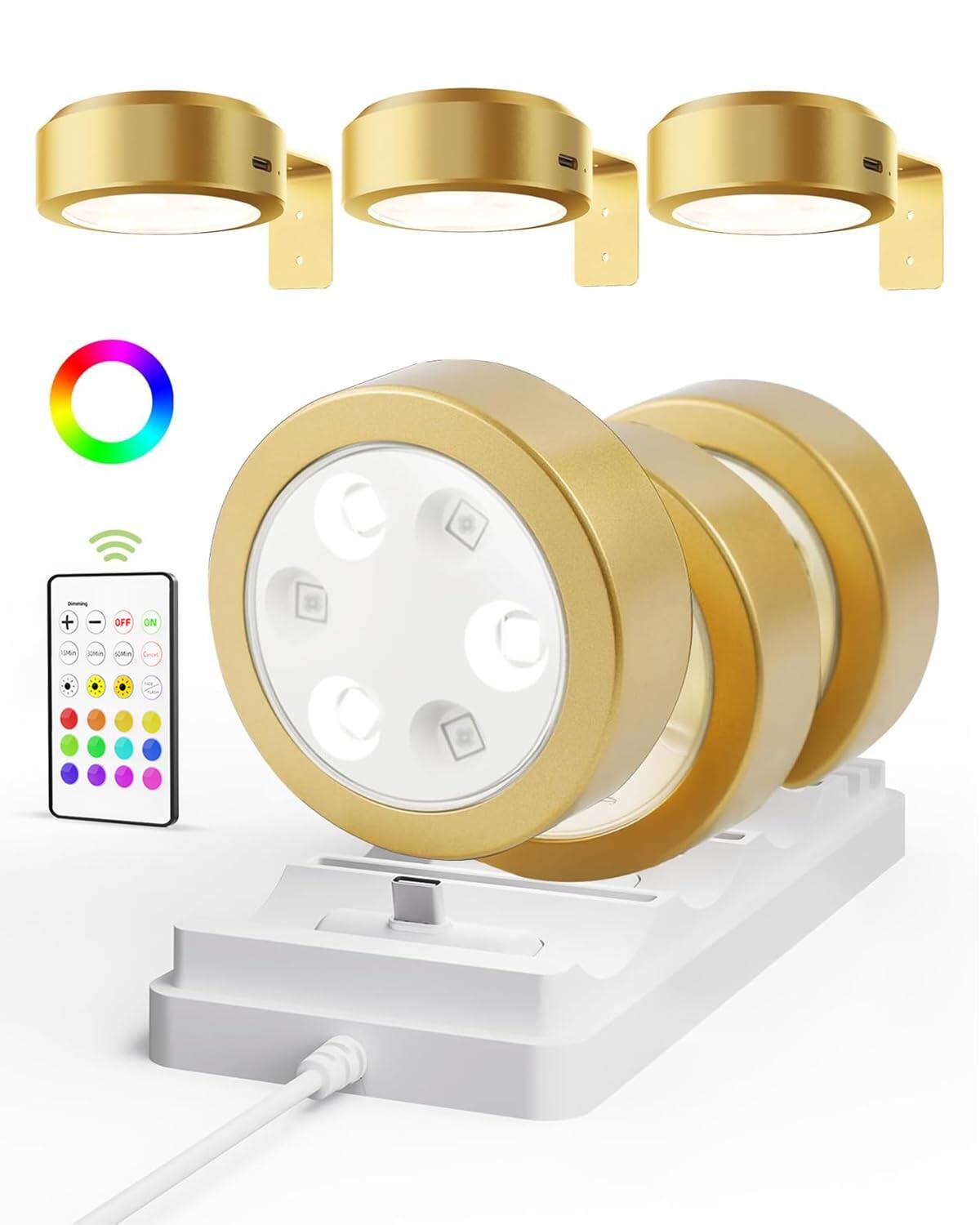 Front. Dazzling Pops - Picture Lights For Wall 2000mah Rechargeable Magnetic Poster With 3 Color Temps 12 Rgb Remote Dimmable Timer - Gold 6 Pack with Station.
