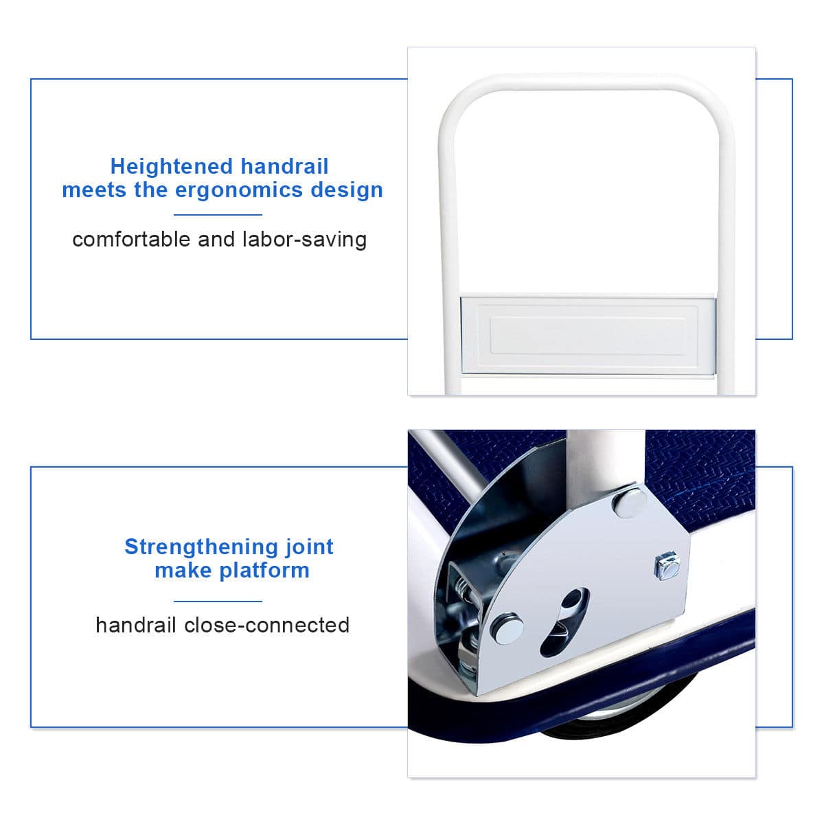 The text on the image can be grouped and corrected as follows:
Heightened handrail meets the ergonomics design, making it comfortable and labor-saving. Strengthening joints make the platform handrail close-connected.